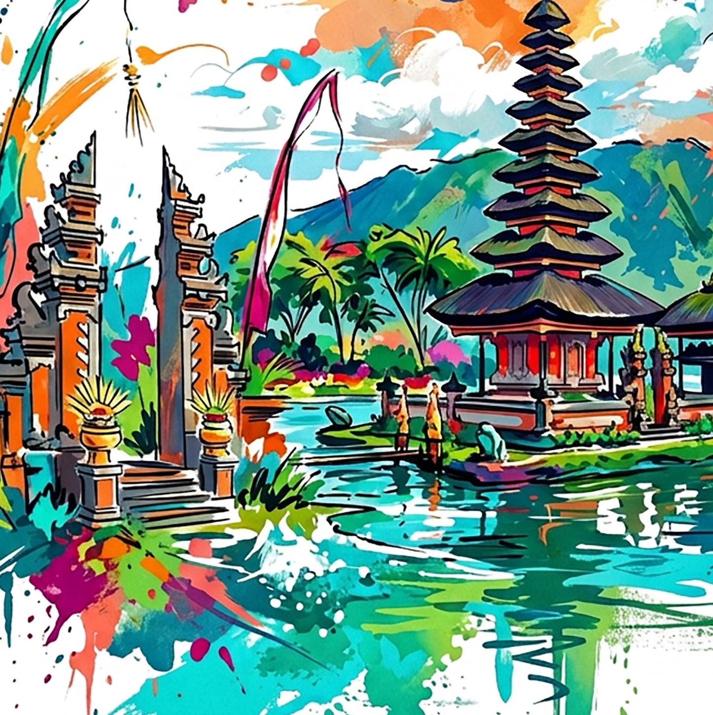 Bali temple landscape art print close-up with pagoda, plants, and bright water