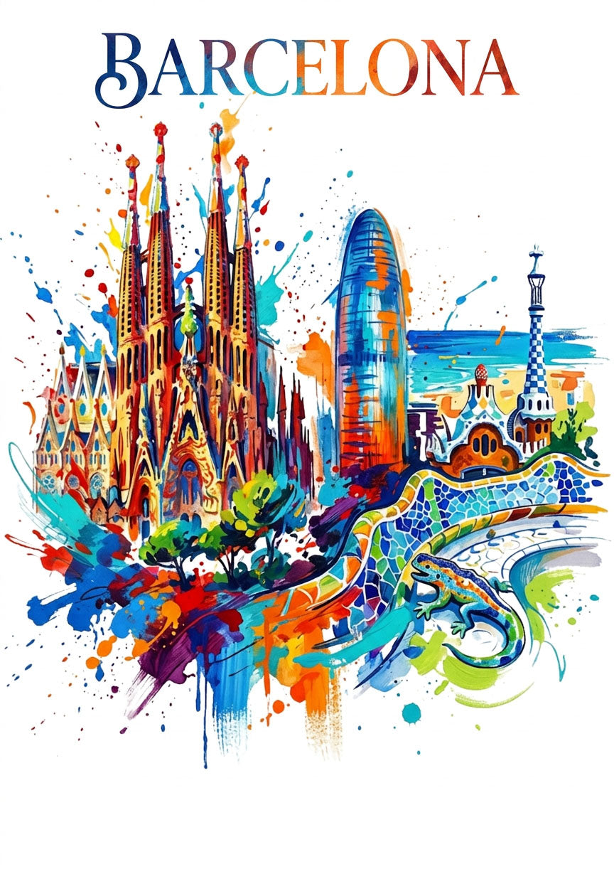 Colorful Barcelona landmark art print with blue cathedral, sea, and splash paint details