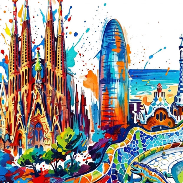 Close-up Barcelona landmark art print with tall cathedral towers, blue dome, and splatter