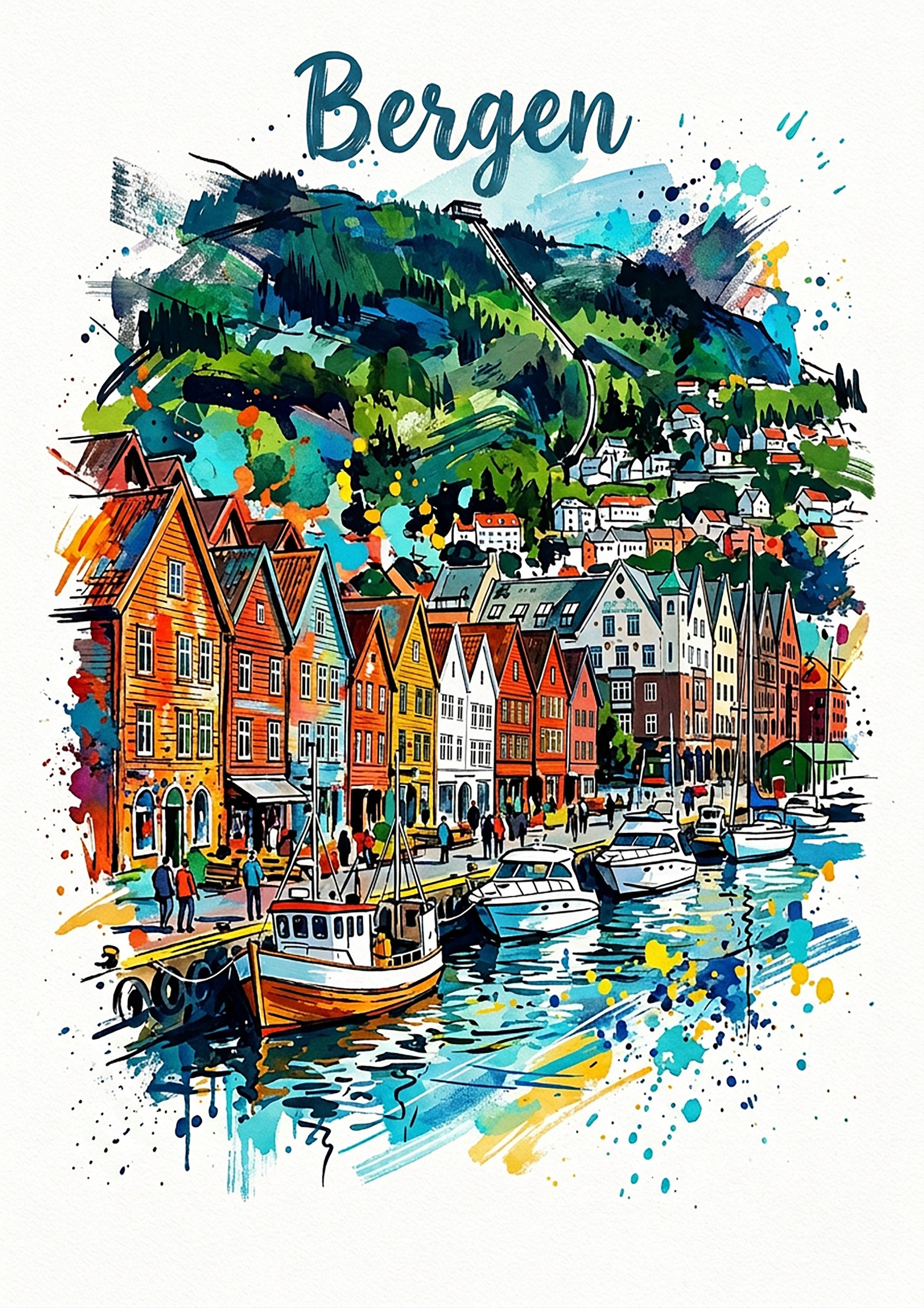 Bergen harbor illustration art print with colorful houses, boats, and splatter accents