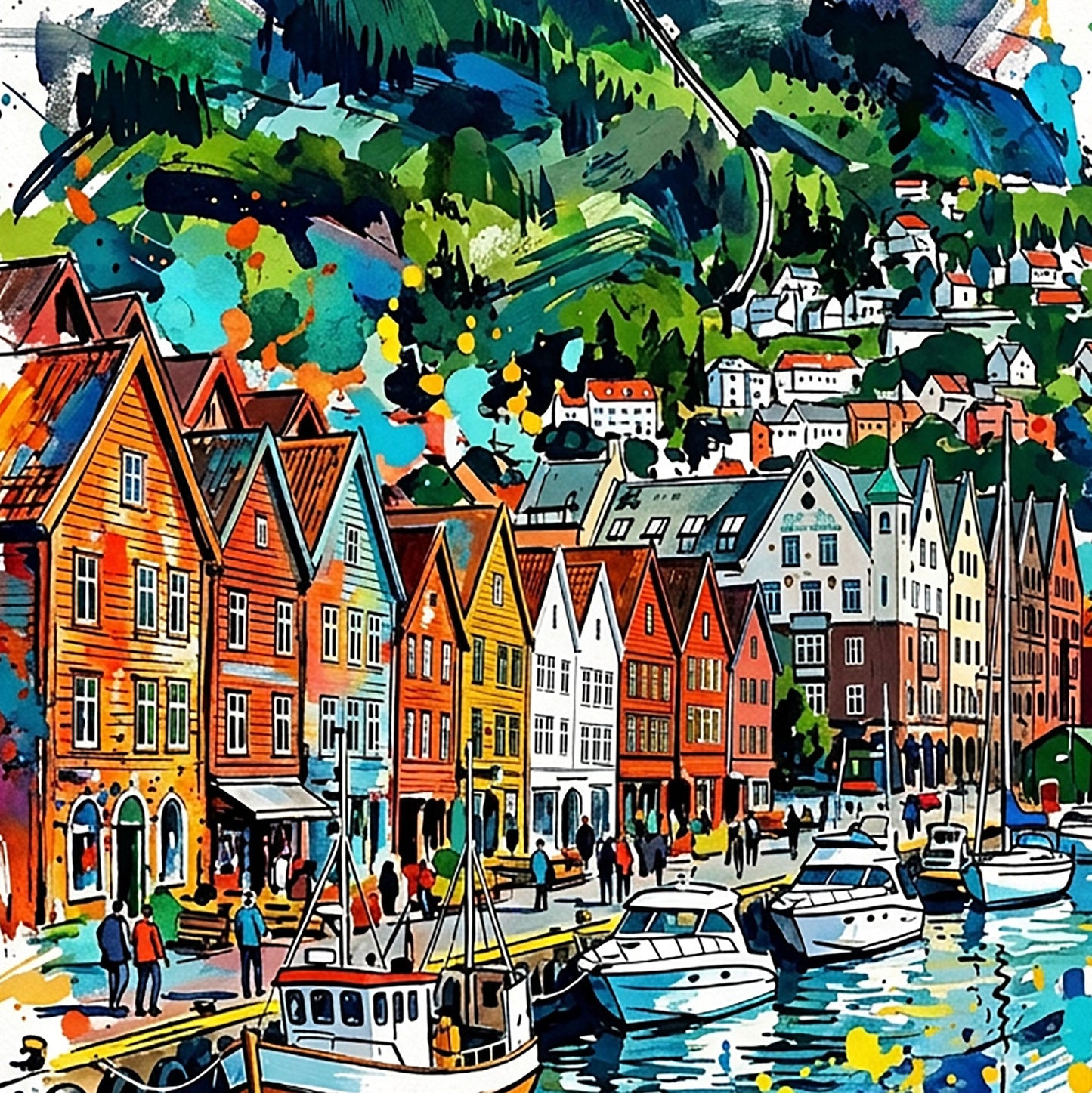 Close-up Bergen harbor art print with row of colorful houses and boats