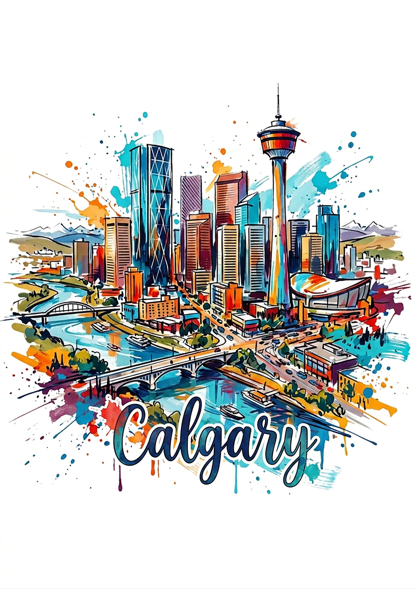 Unframed cityscape art print with colorful skyline, river bridge, and Calgary tower