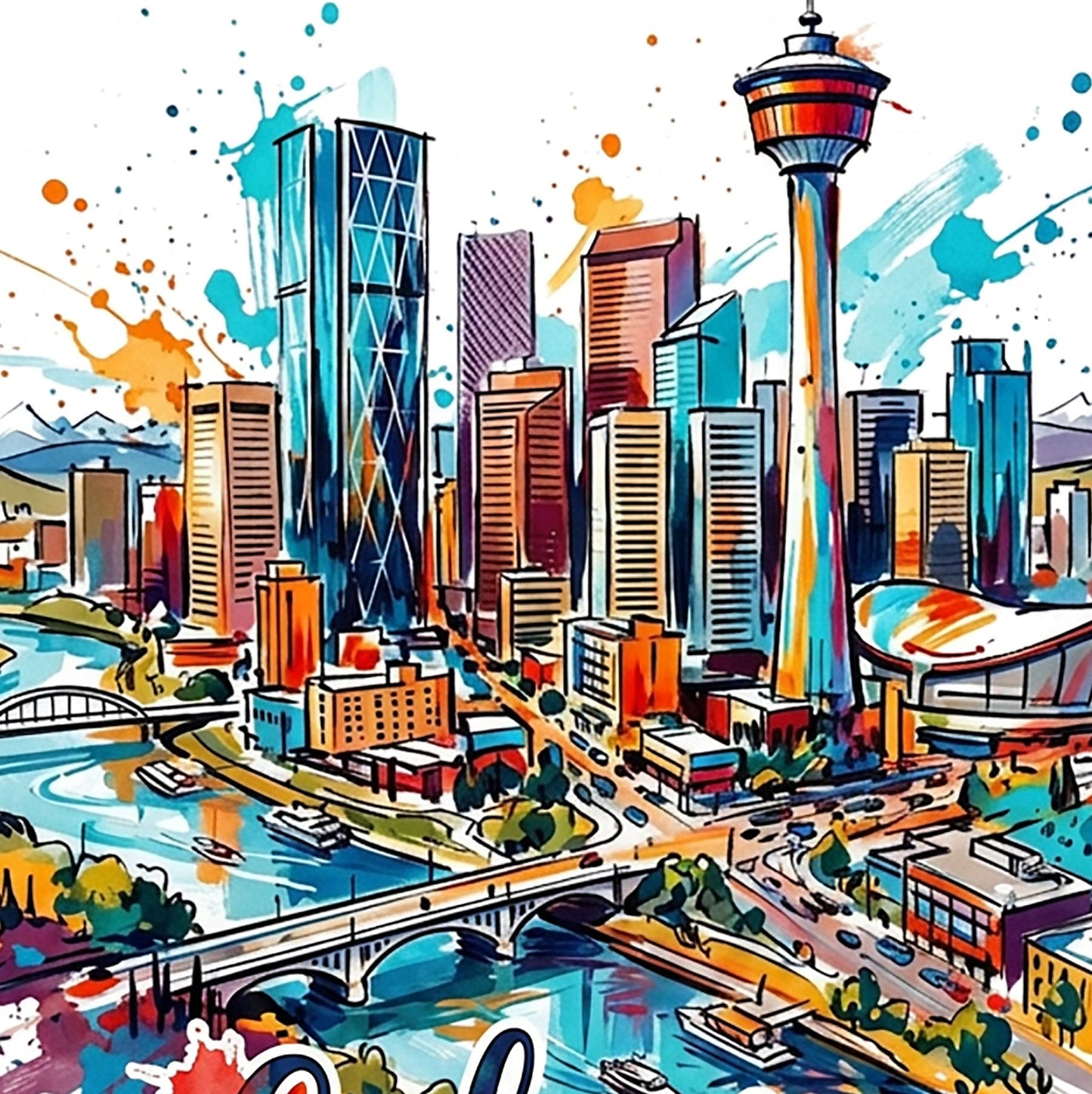 Close-up cityscape art print showing colorful high-rises, river, bridge, and tower