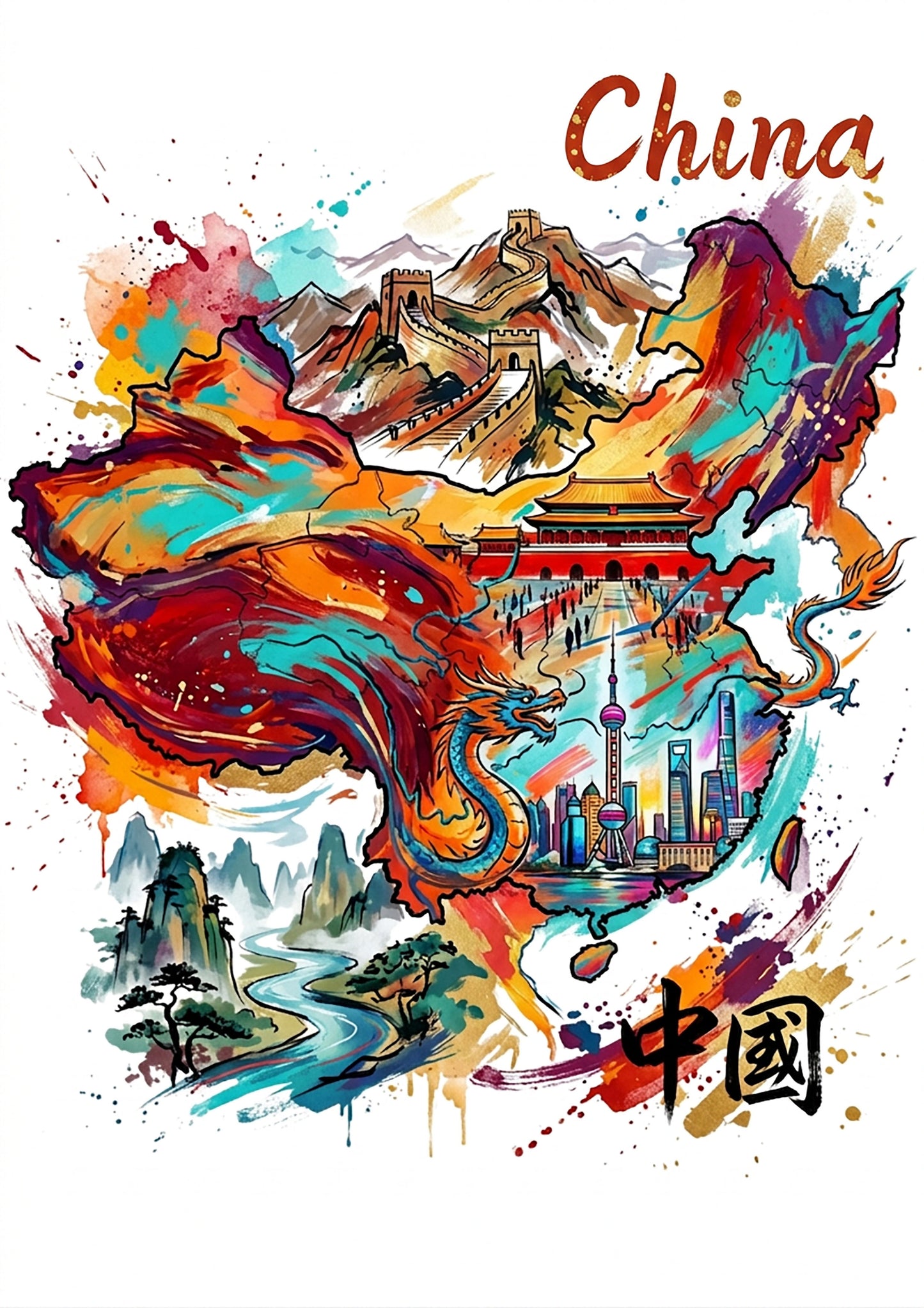 China-themed watercolor art print with colorful splashes, buildings, and dragon silhouette