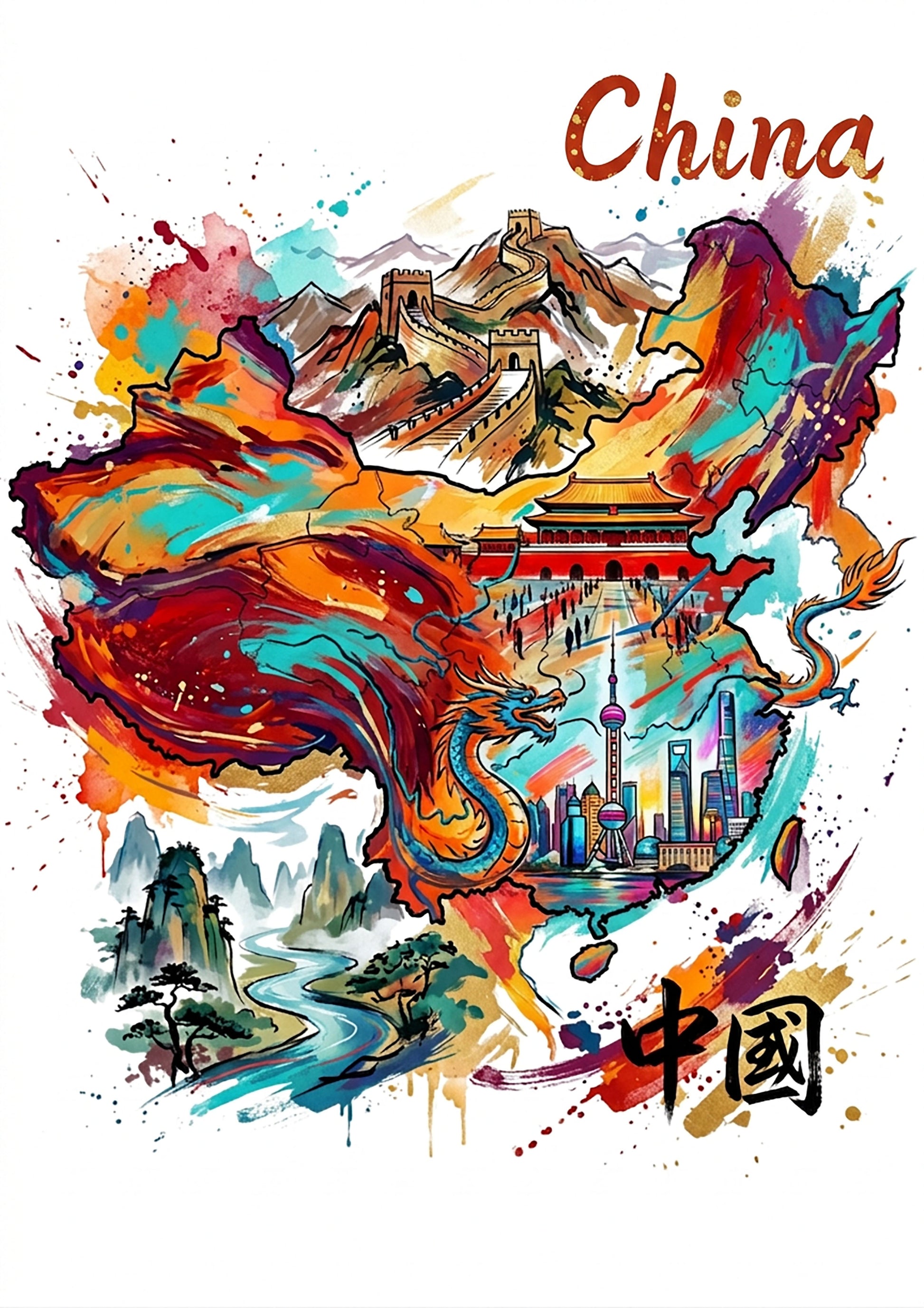 China-themed watercolor art print with colorful splashes, buildings, and dragon silhouette