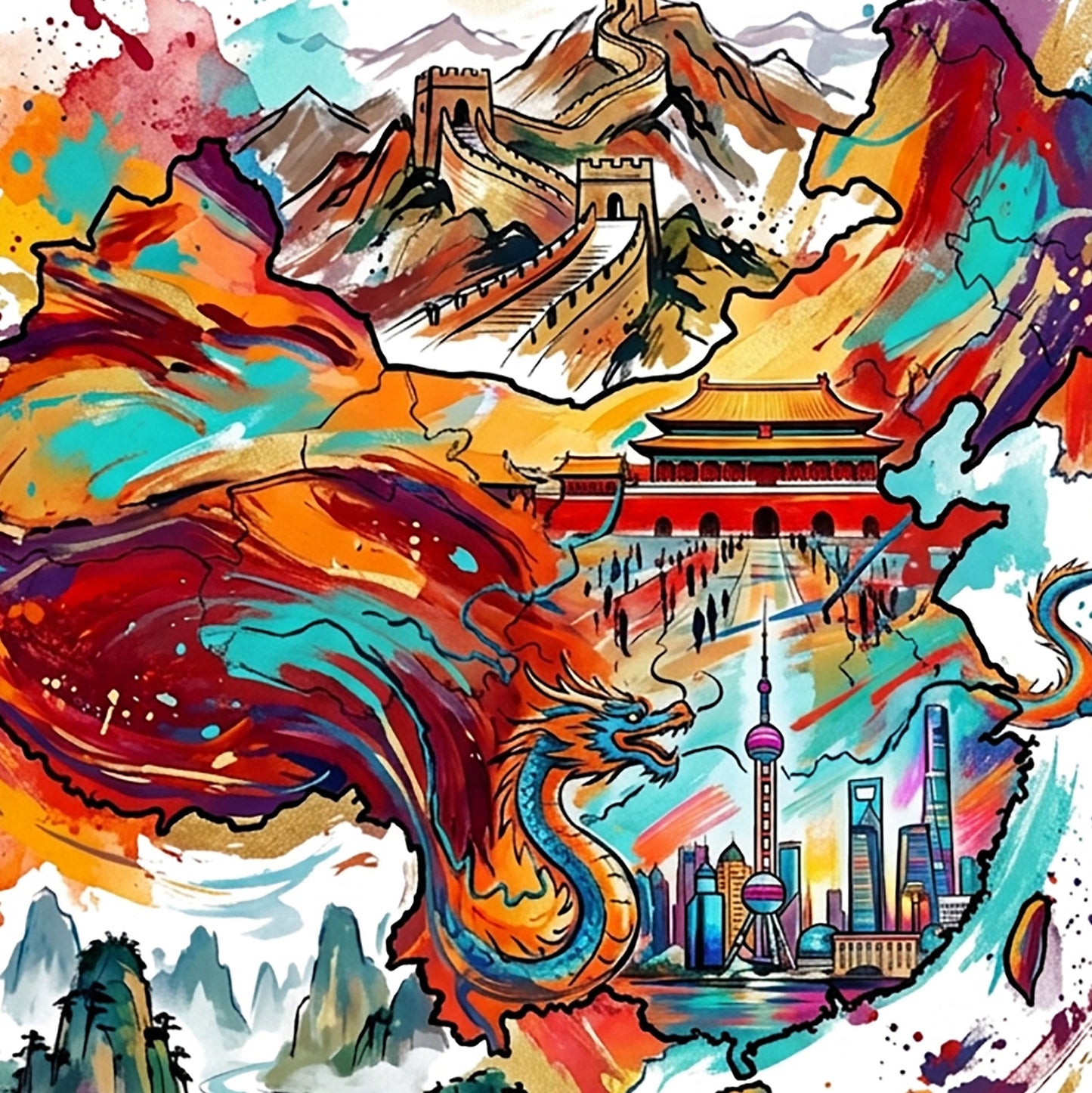 Close-up China watercolor art print with wall building, dragon, and vibrant paint splatters