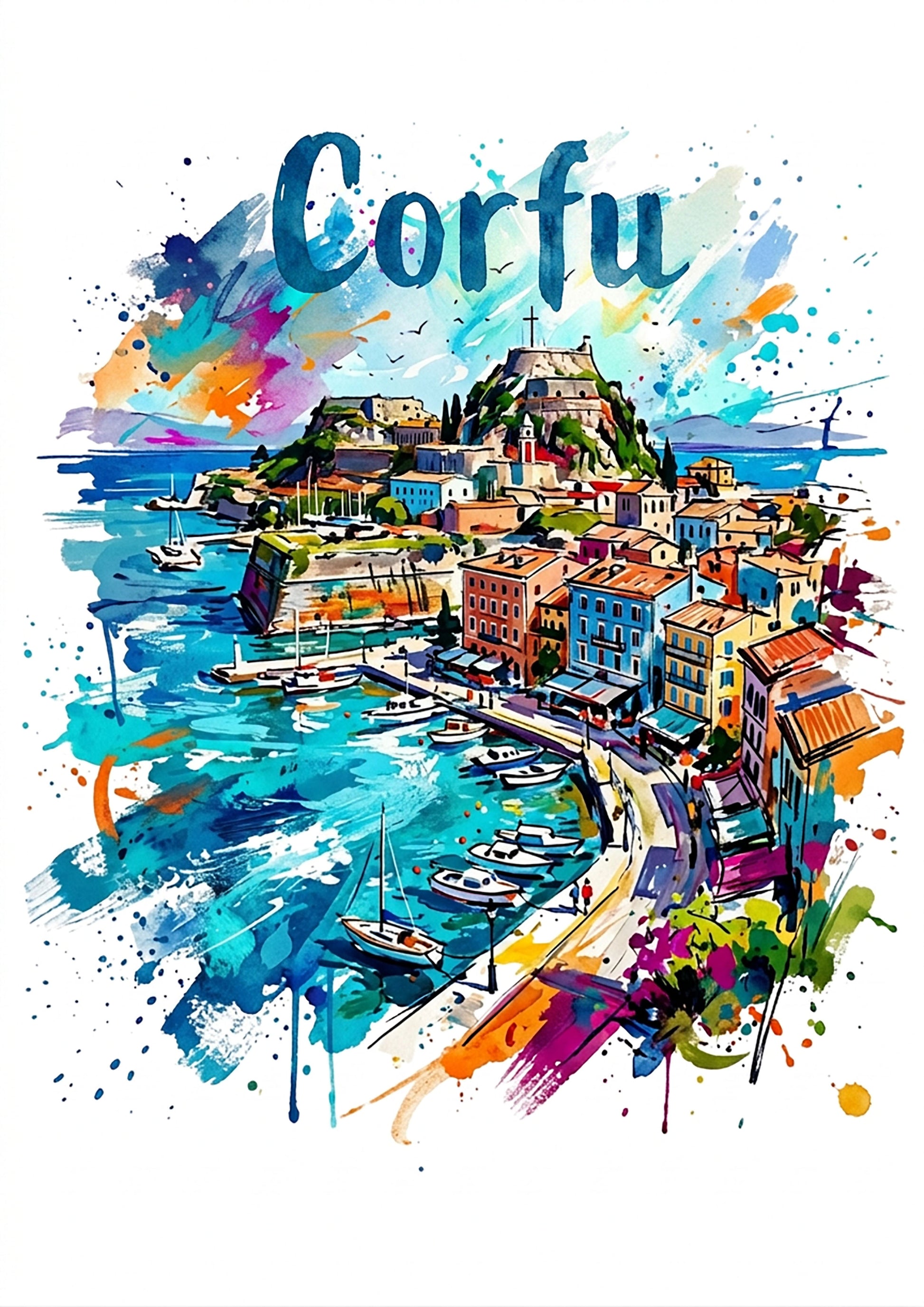 Corfu colorful coastal art print with harbor boats and bright splash watercolor style