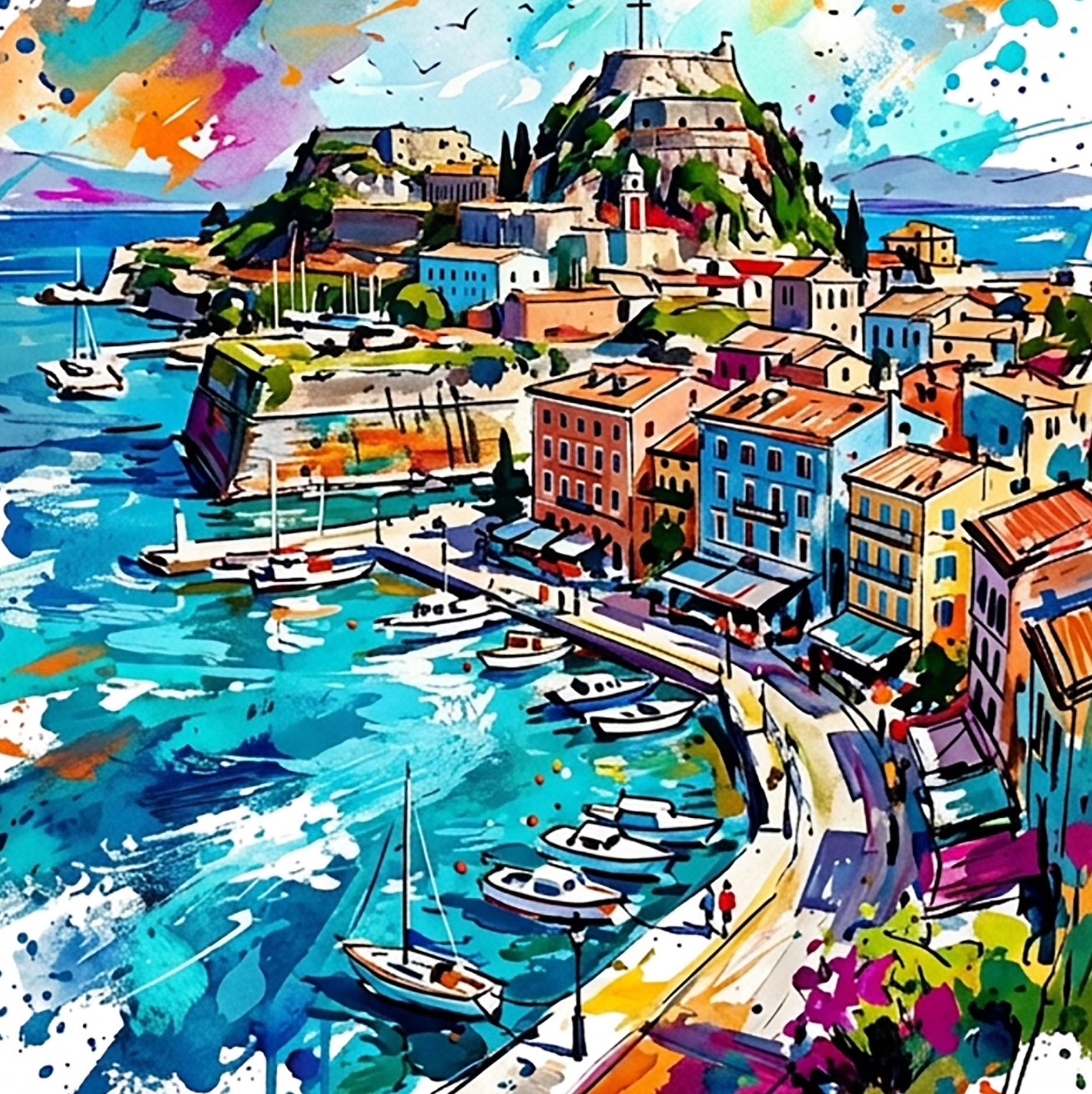 Close-up of Corfu coastal art print with marina boats and colorful town illustration