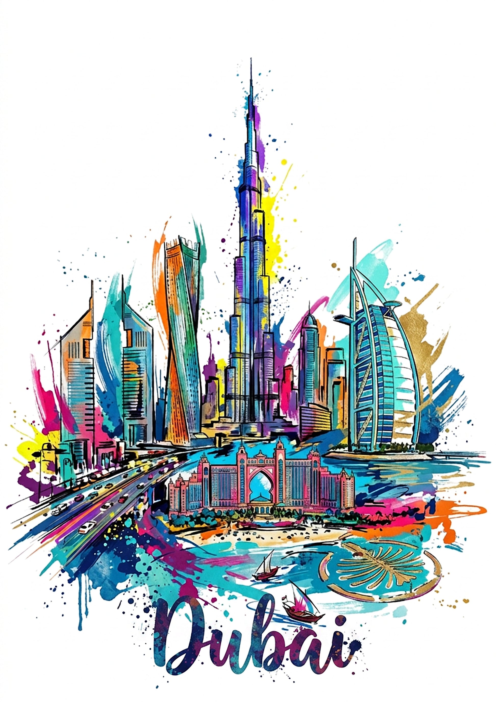 Unframed Dubai skyline art print with colorful splash landmarks and “Dubai” text