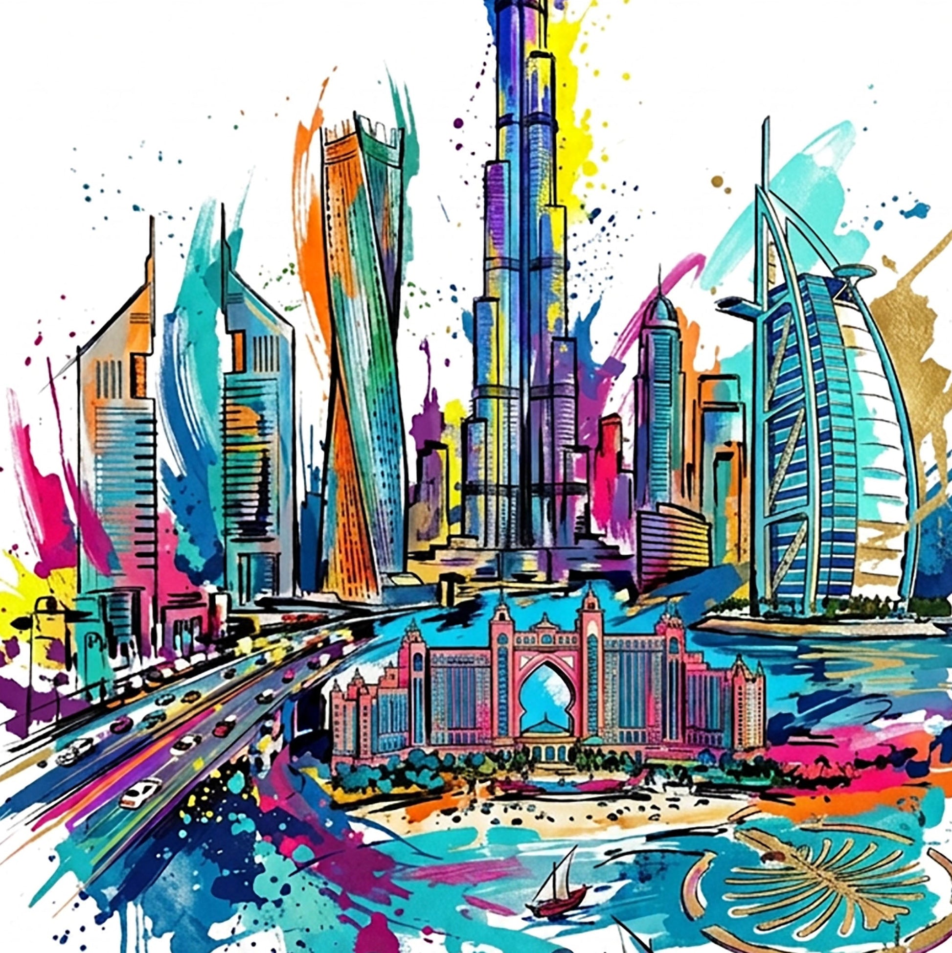 Close-up Dubai skyline art print with vivid watercolor buildings and “Dubai” script