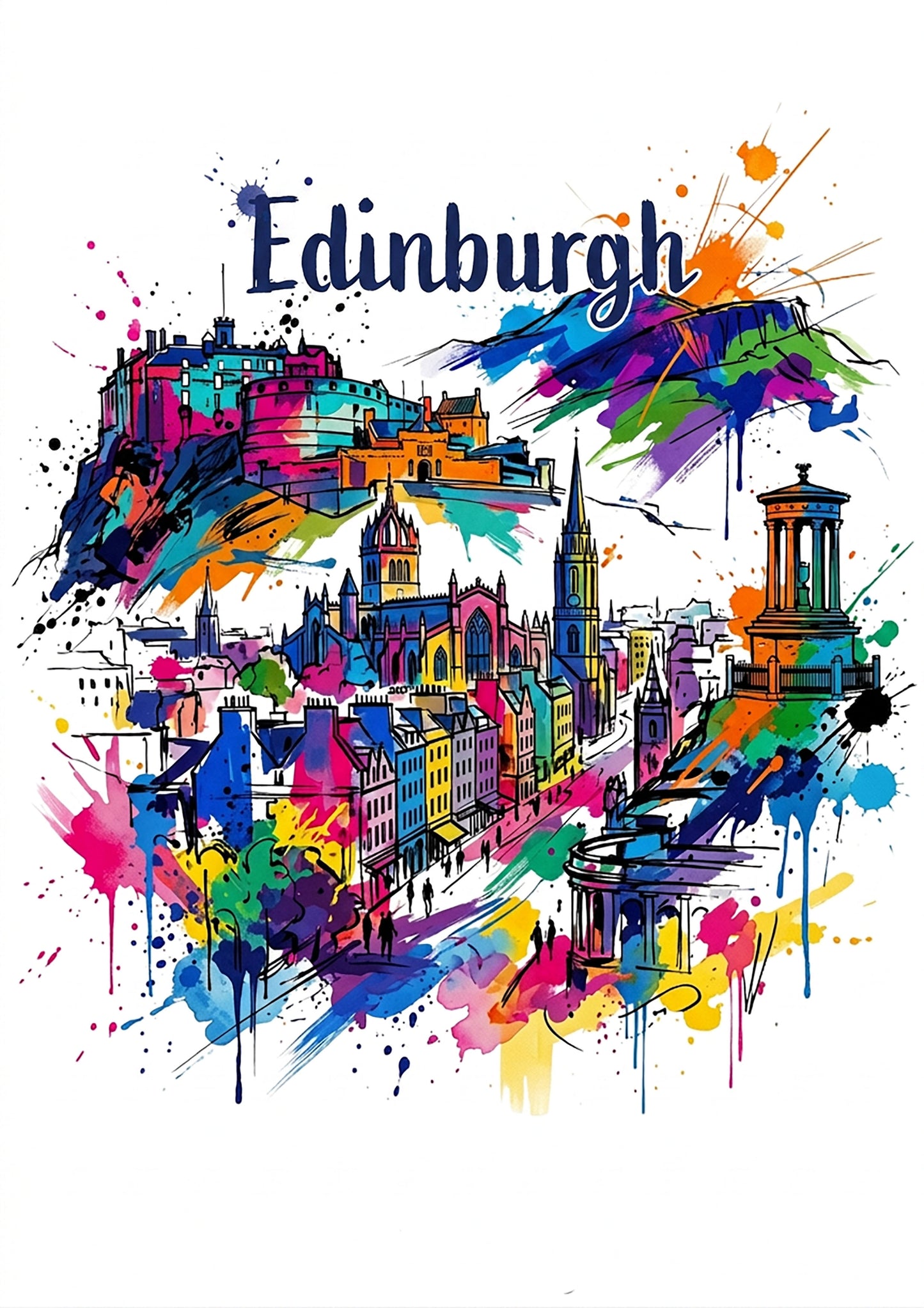 Edinburgh cityscape art print with colorful splatter skyline and 'Edinburgh' lettering