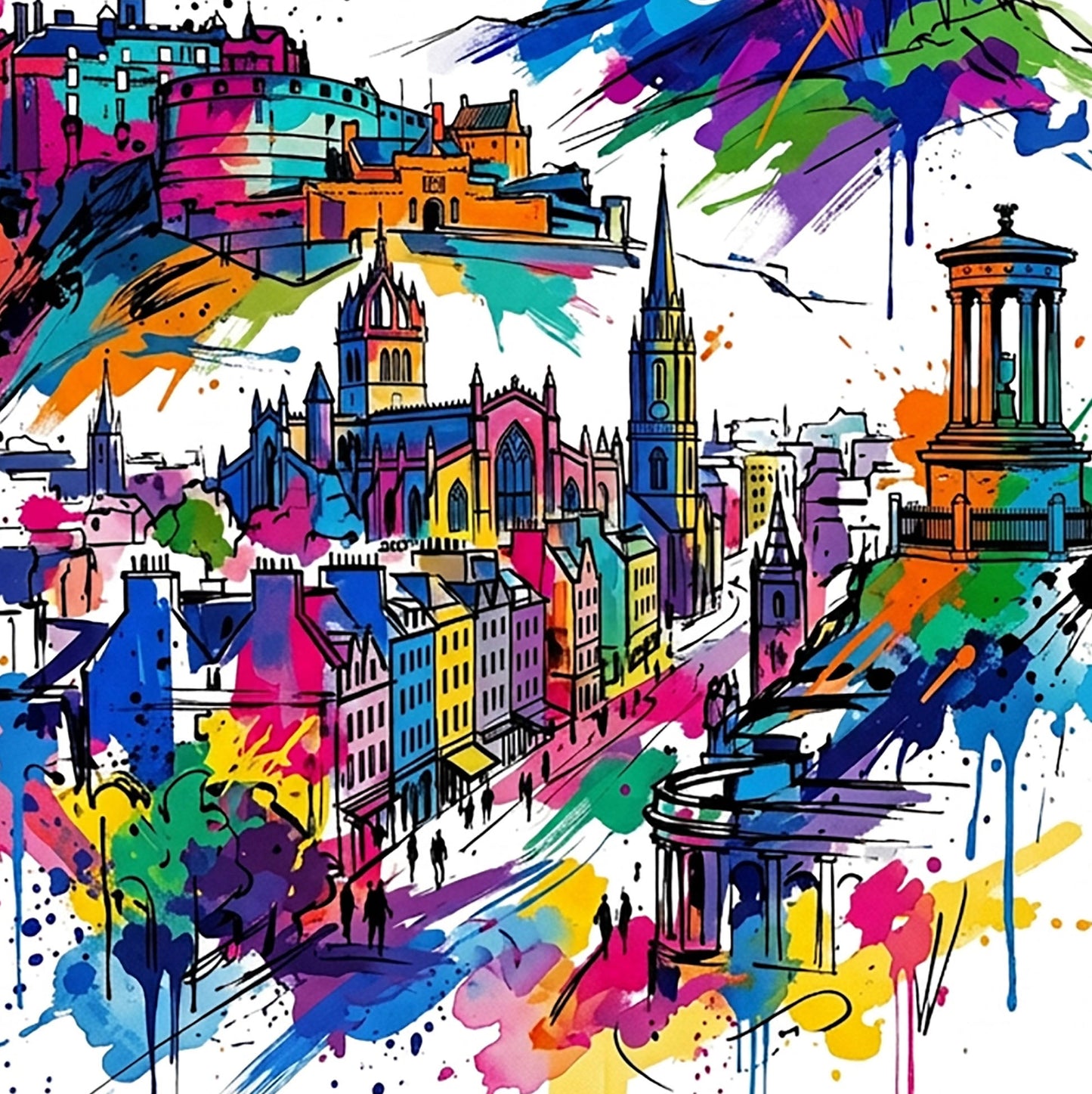 Close-up Edinburgh cityscape art print with colorful watercolor buildings, roads, and splatters