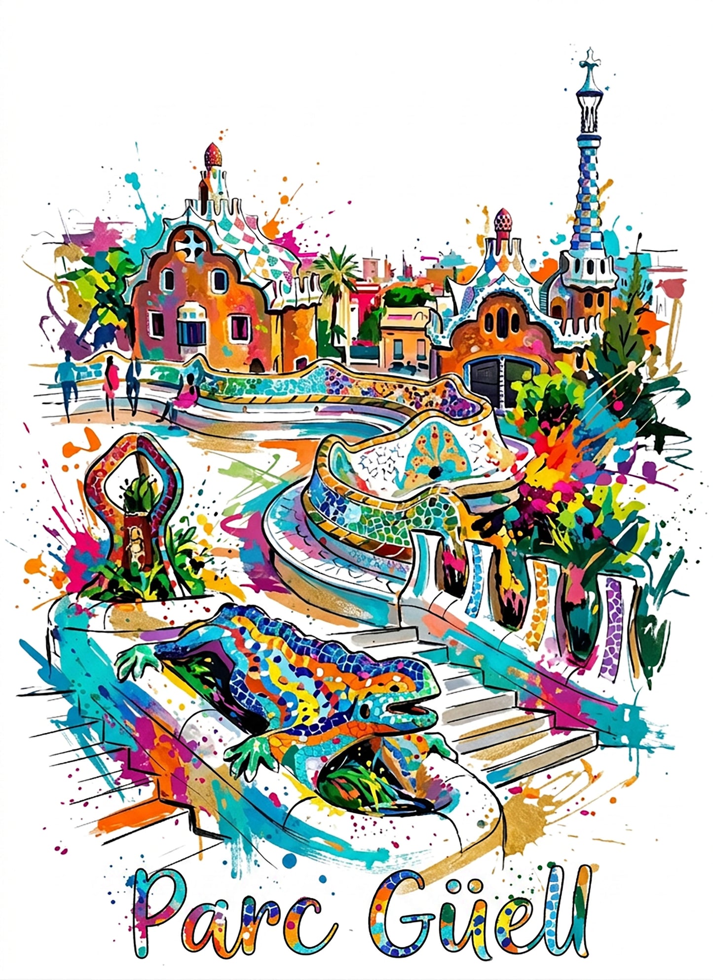 Art print of colorful Parc Güell illustration with Gaudí-style mosaic buildings and tower