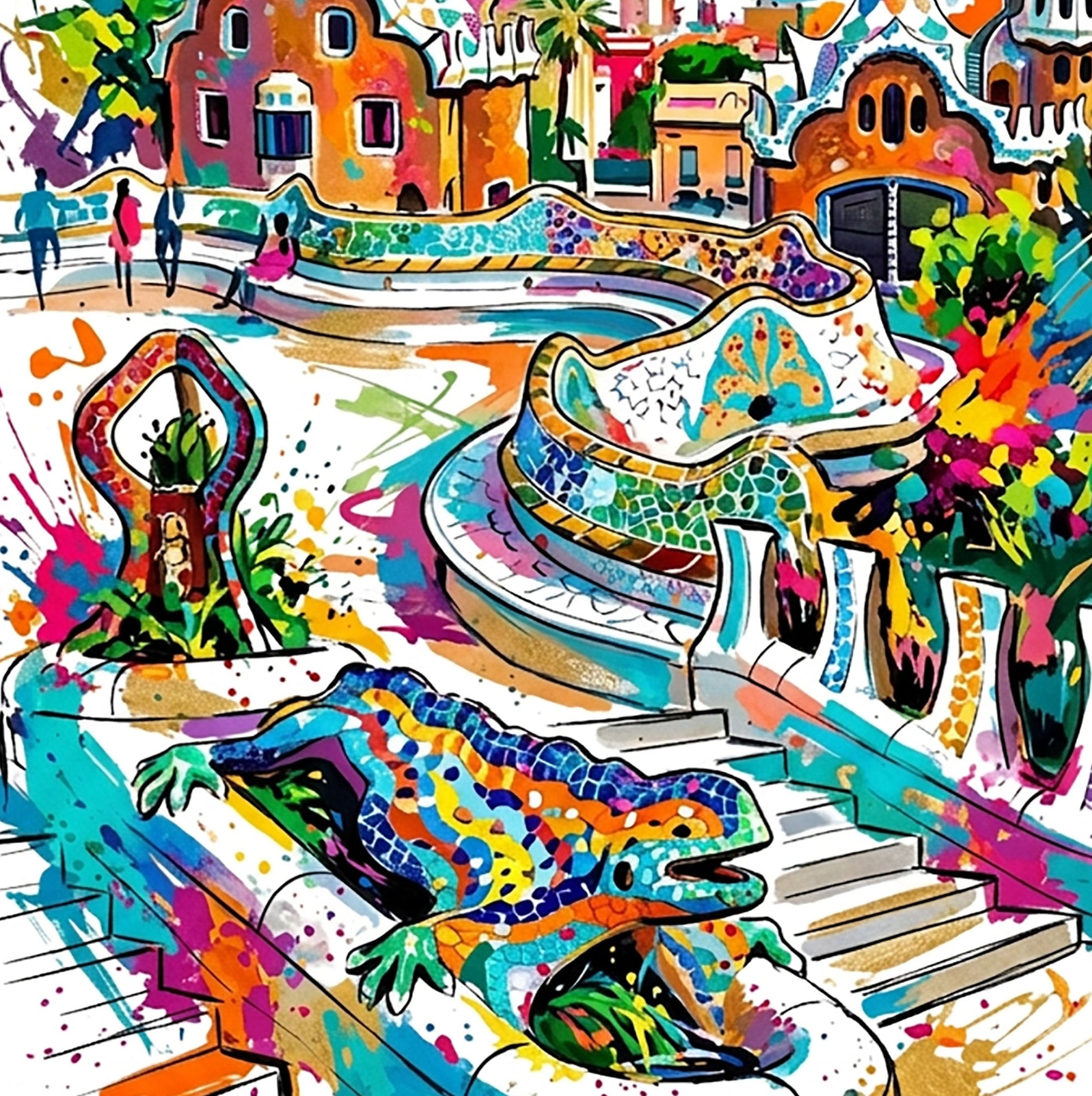 Art print of colorful Gaudí-style mosaic buildings and a lizard sculpture