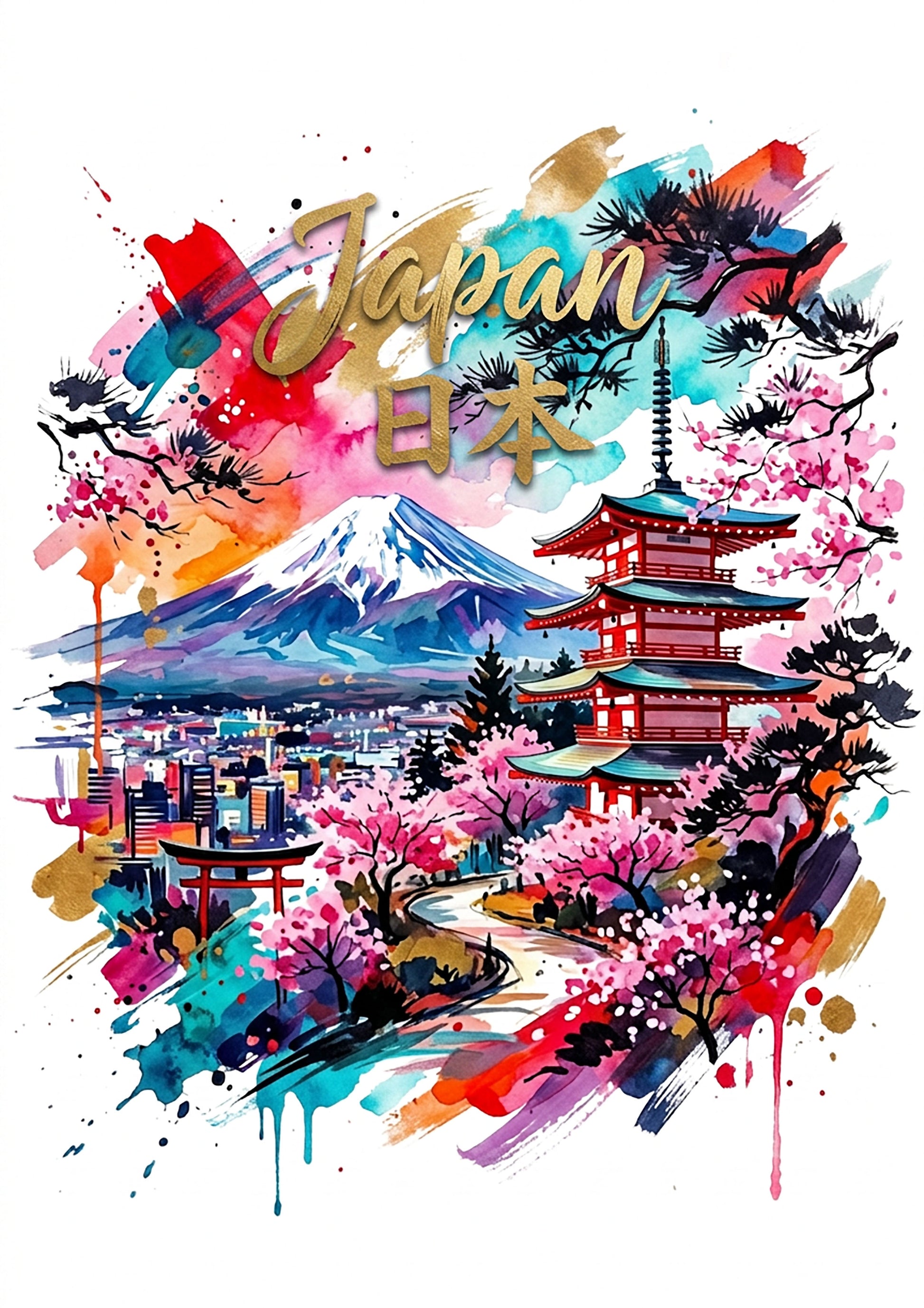 Colorful art print of Mount Fuji, pagoda, and cherry blossoms with paint splashes