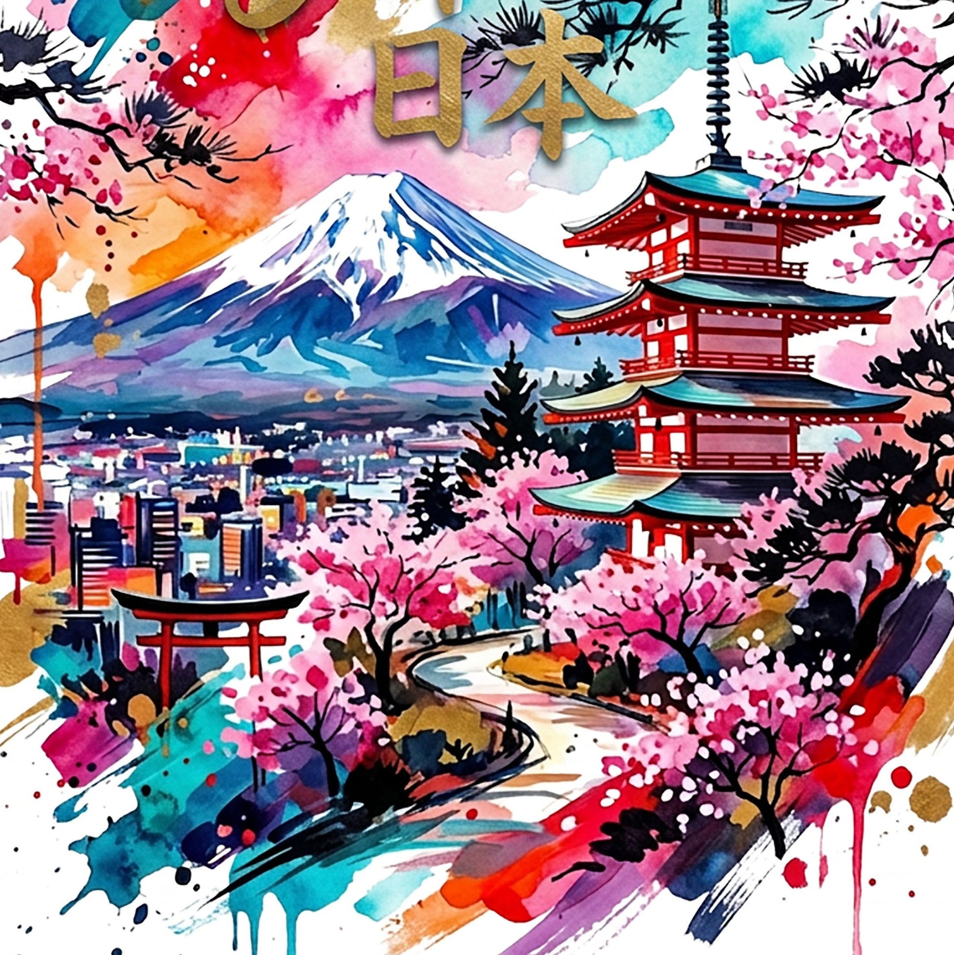 Close-up of colorful Mount Fuji and pagoda illustration with cherry blossoms and splatter