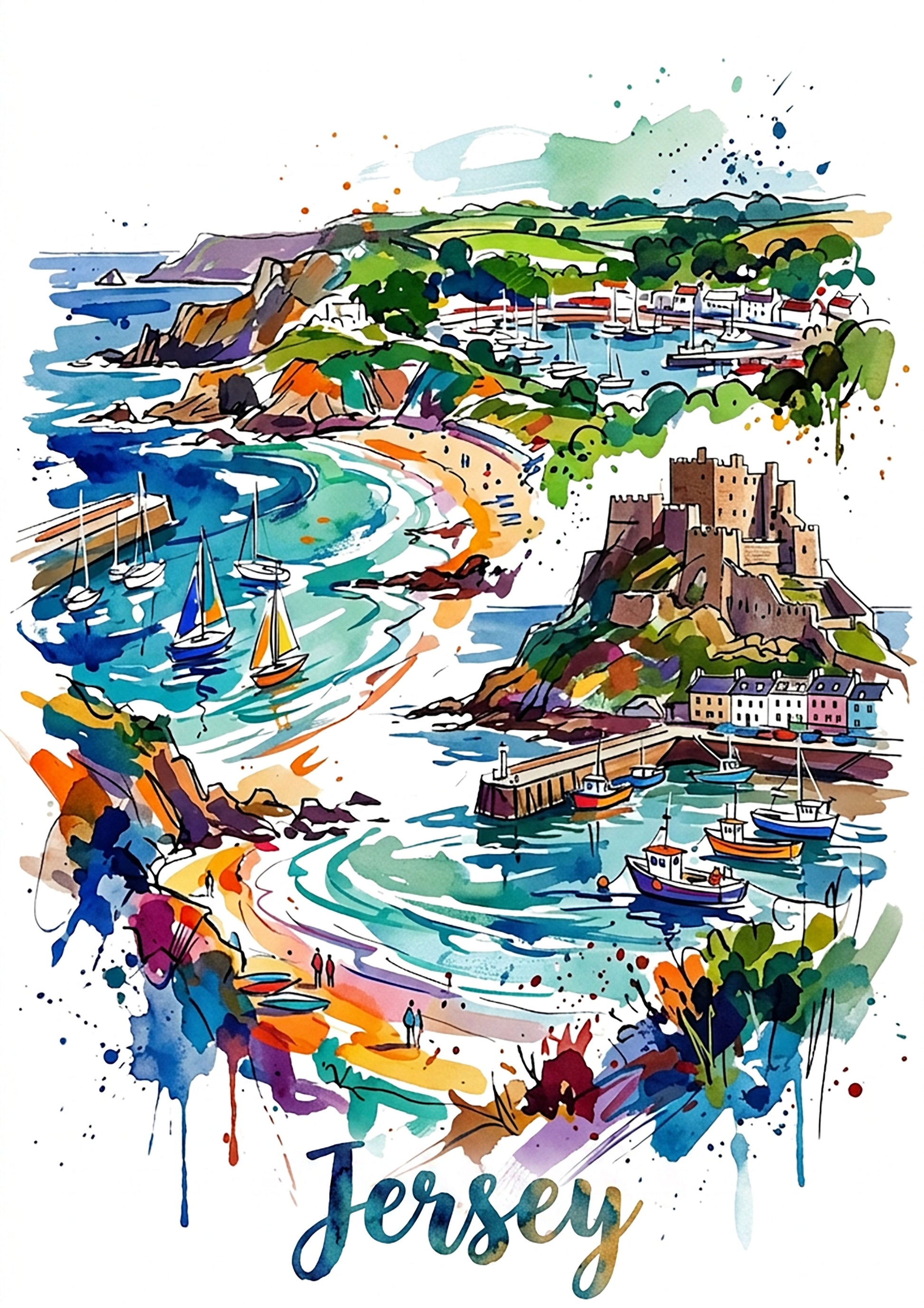 Watercolor coastal harbor and castle illustration art print with blue 'Jersey' text.