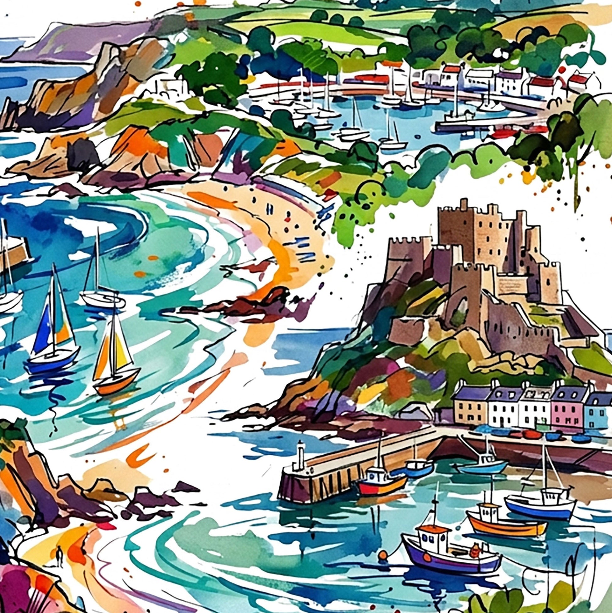 Close-up of watercolor coastal harbor and castle illustration with colorful splashes.