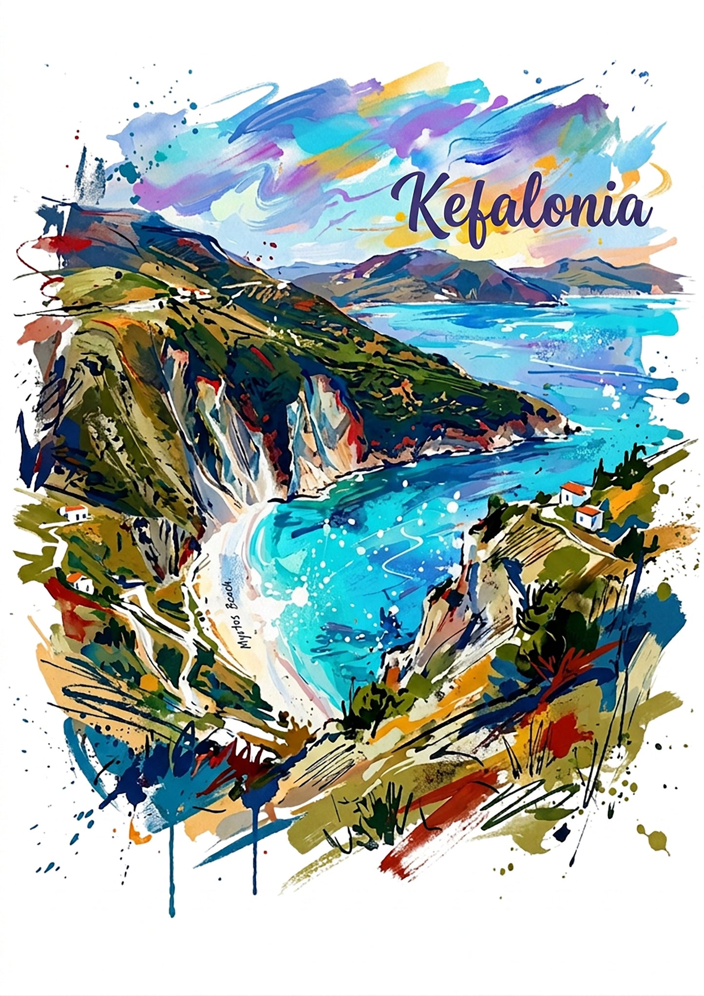 Colorful coastal art print with 'Kefalonia' script, rocky cliffs and turquoise bay splash.