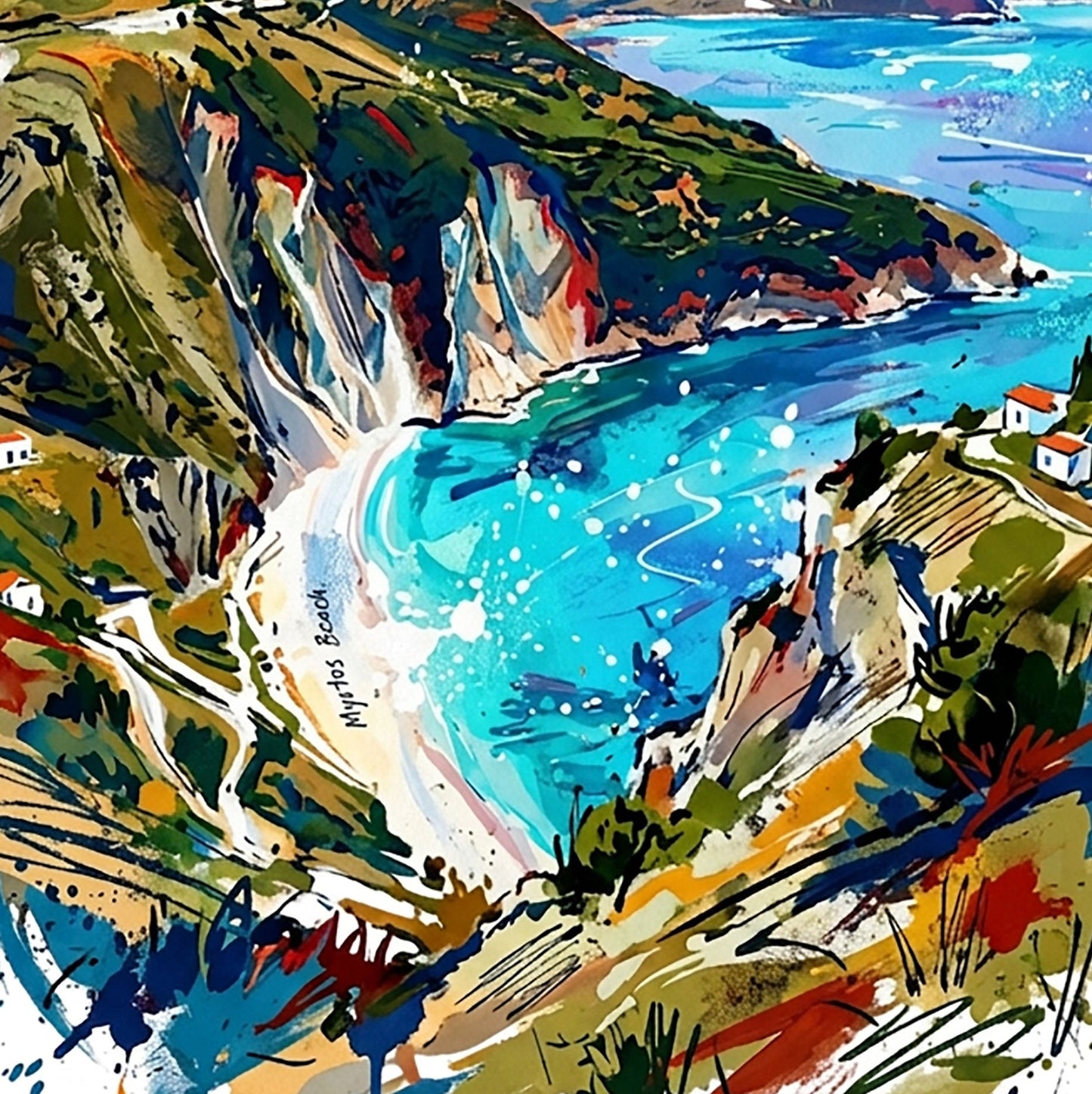 Close-up coastal art print detail with 'Kefalonia' script, paint-splashed cliffs and blue cove.