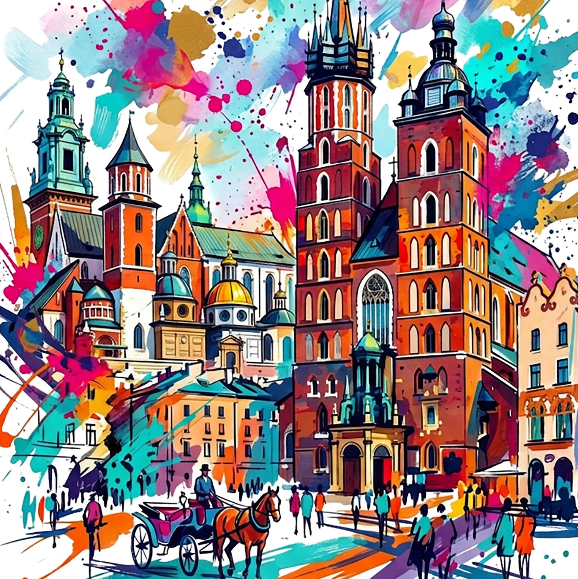 Colorful Krakow landmark art print with watercolor-style cathedral and splatter accents