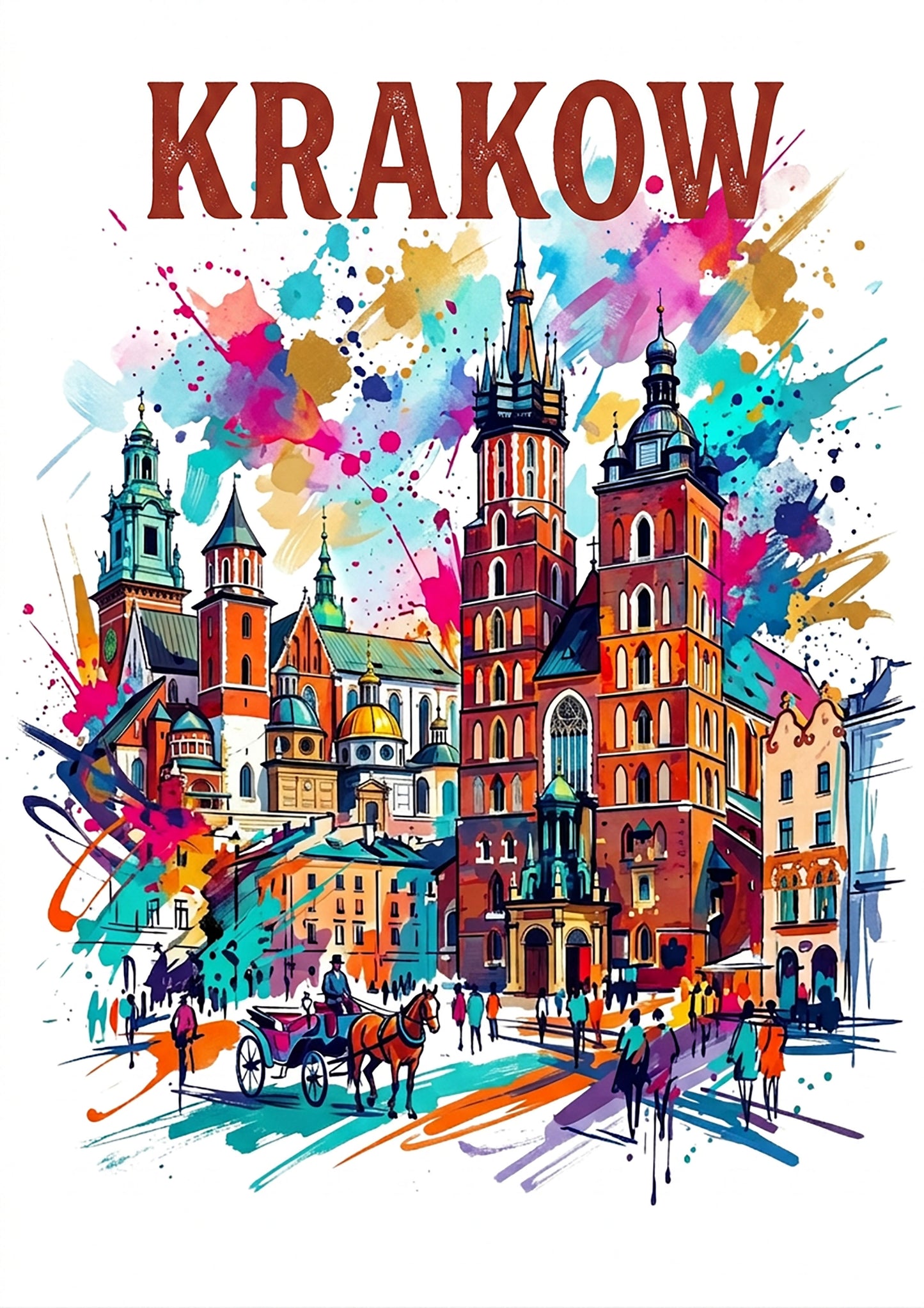 KRAKOW title above colorful cathedral cityscape art print with bright paint-splash accents