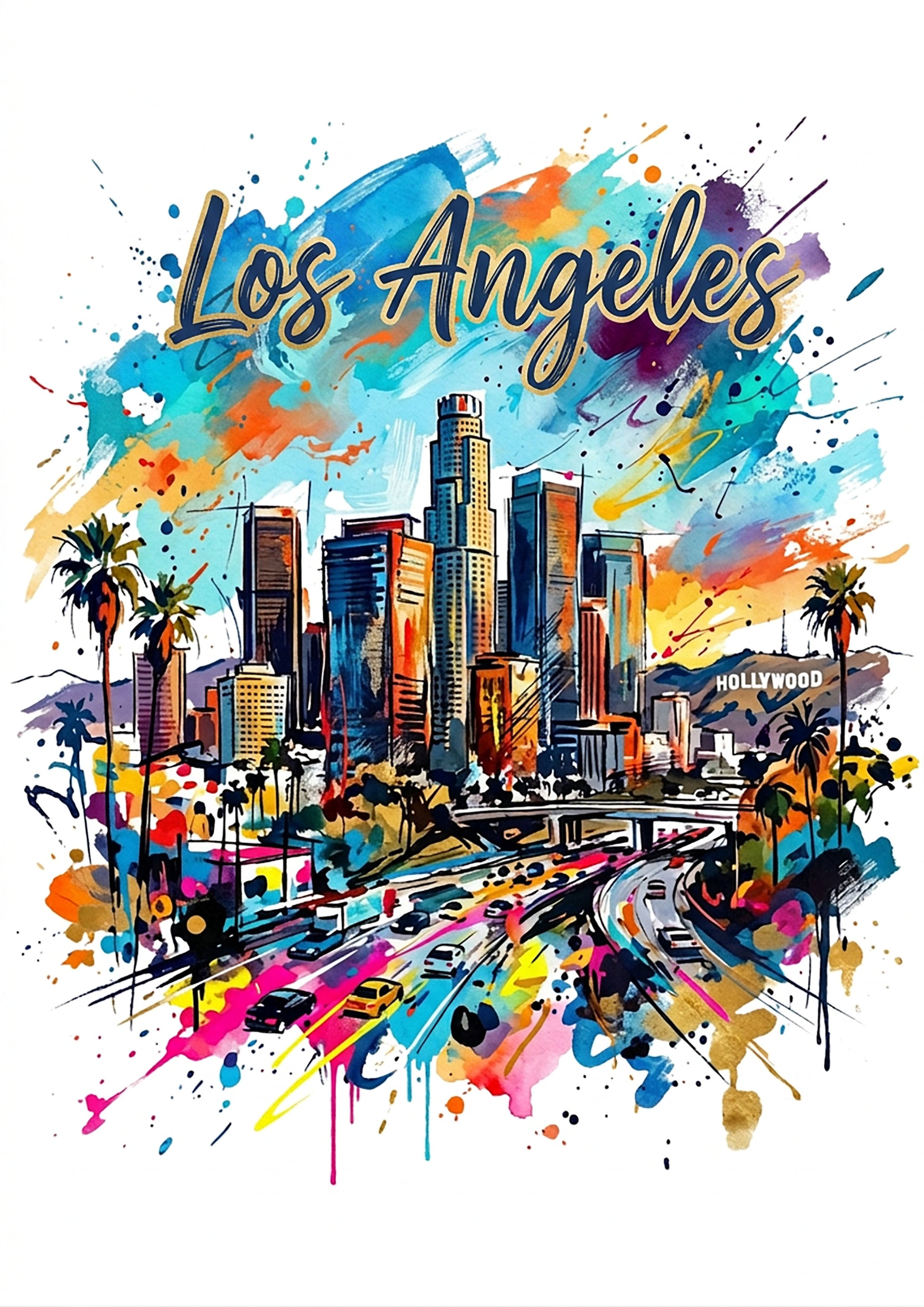 Colorful Los Angeles skyline art print with palm trees and Hollywood sign, paint splashes