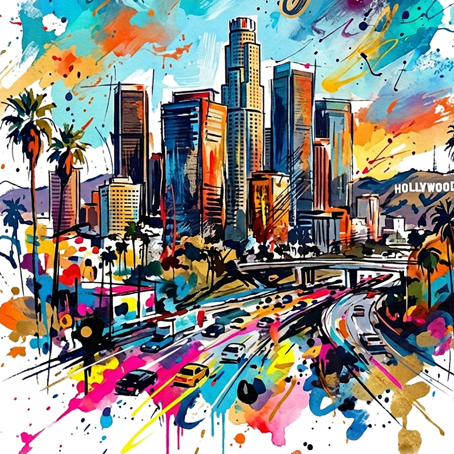 Colorful city skyline art print detail with roads, palm trees, and paint splashes