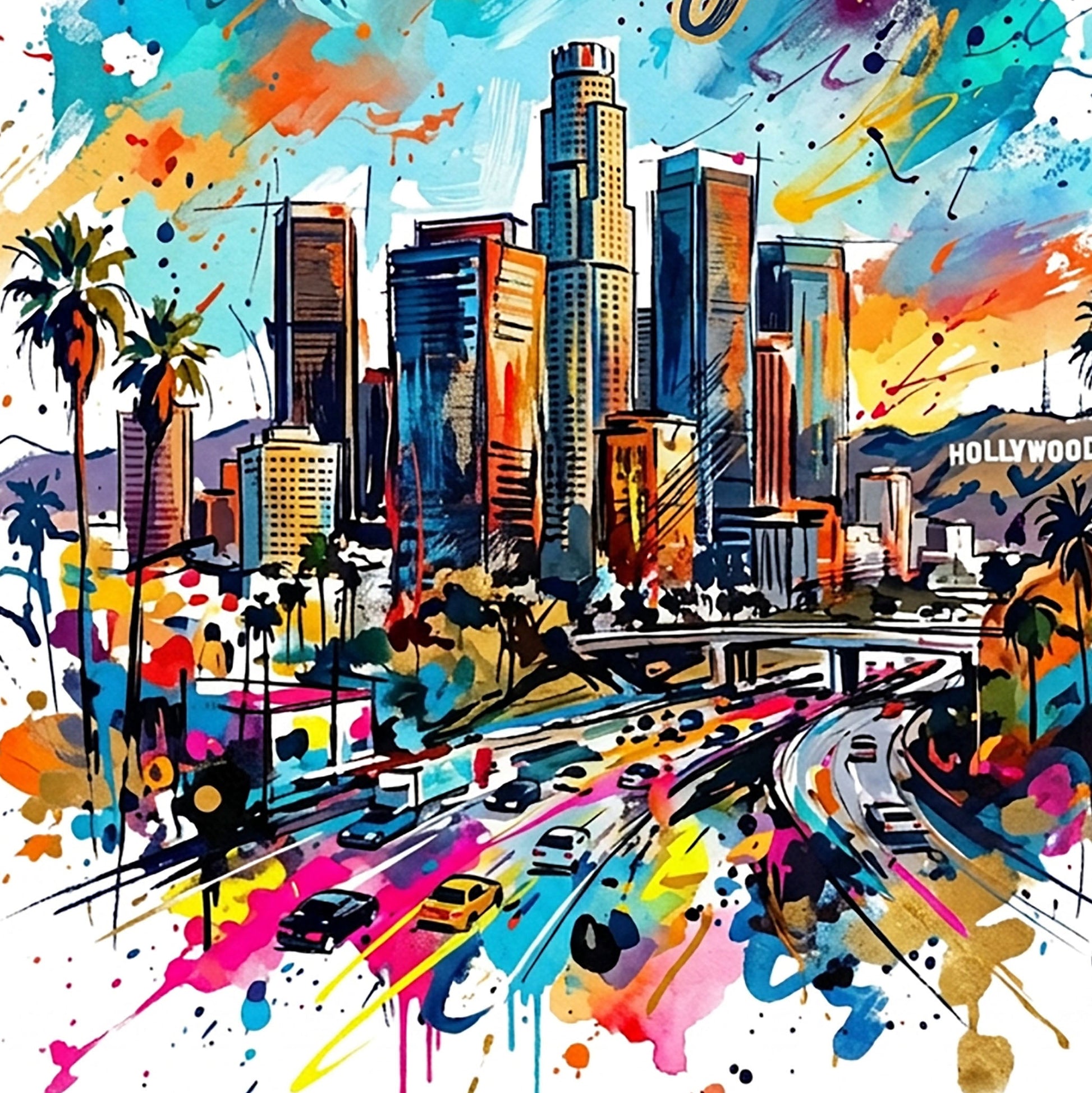 Colorful city skyline art print detail with roads, palm trees, and paint splashes