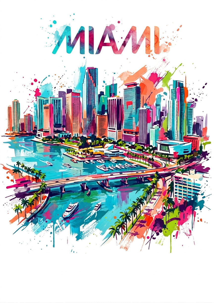 Miami skyline art print with colorful letters, palm trees, and splash-style cityscape.