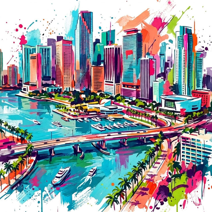 Colorful Miami skyline illustration with palm-lined river and splash-painted buildings.