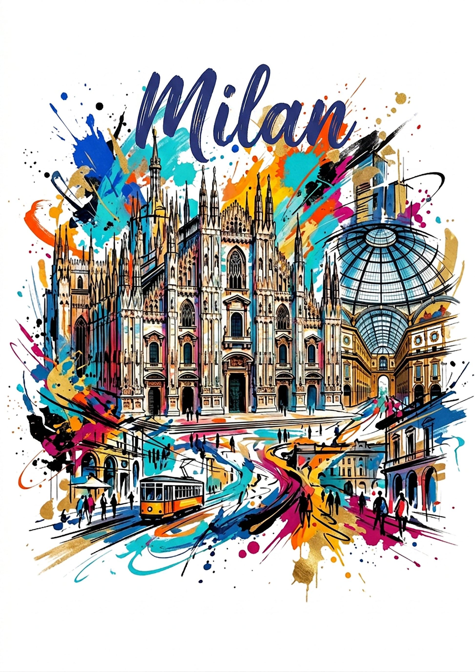Milan cityscape art print with Duomo cathedral illustration and colorful paint splashes