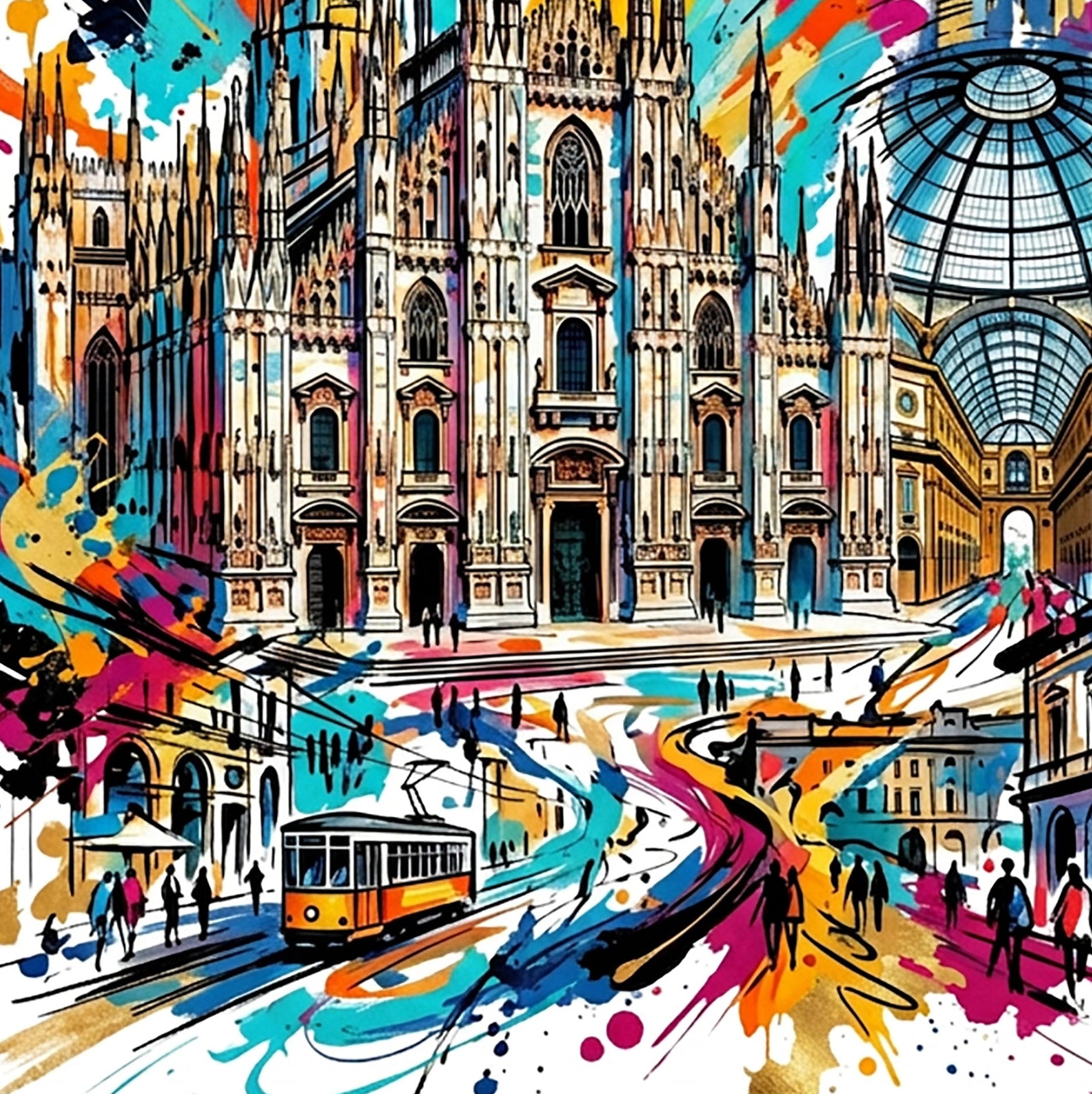 Close-up Milan cityscape illustration with Duomo landmarks, road, and vibrant splatter colors