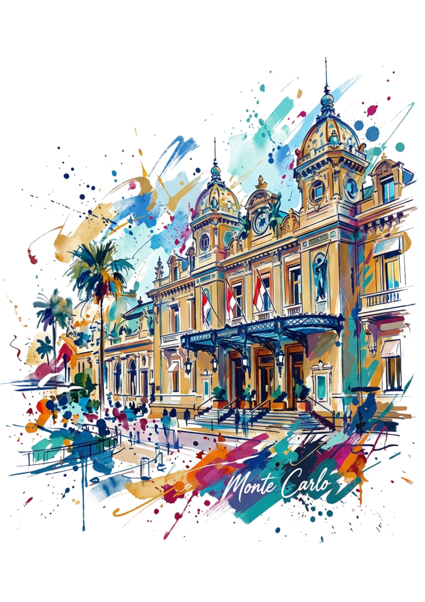 Monte Carlo casino architecture art print with domes, palm trees, and watercolor splatter