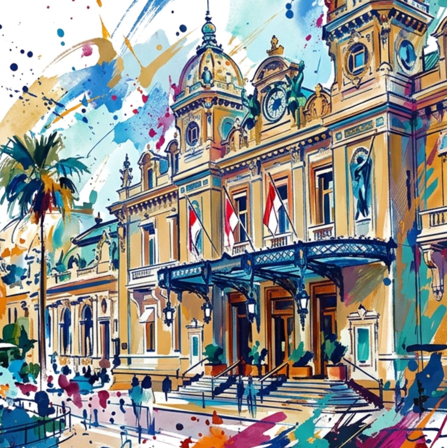 Monte Carlo casino facade art print with domed roofs, flags, and bold watercolor splashes