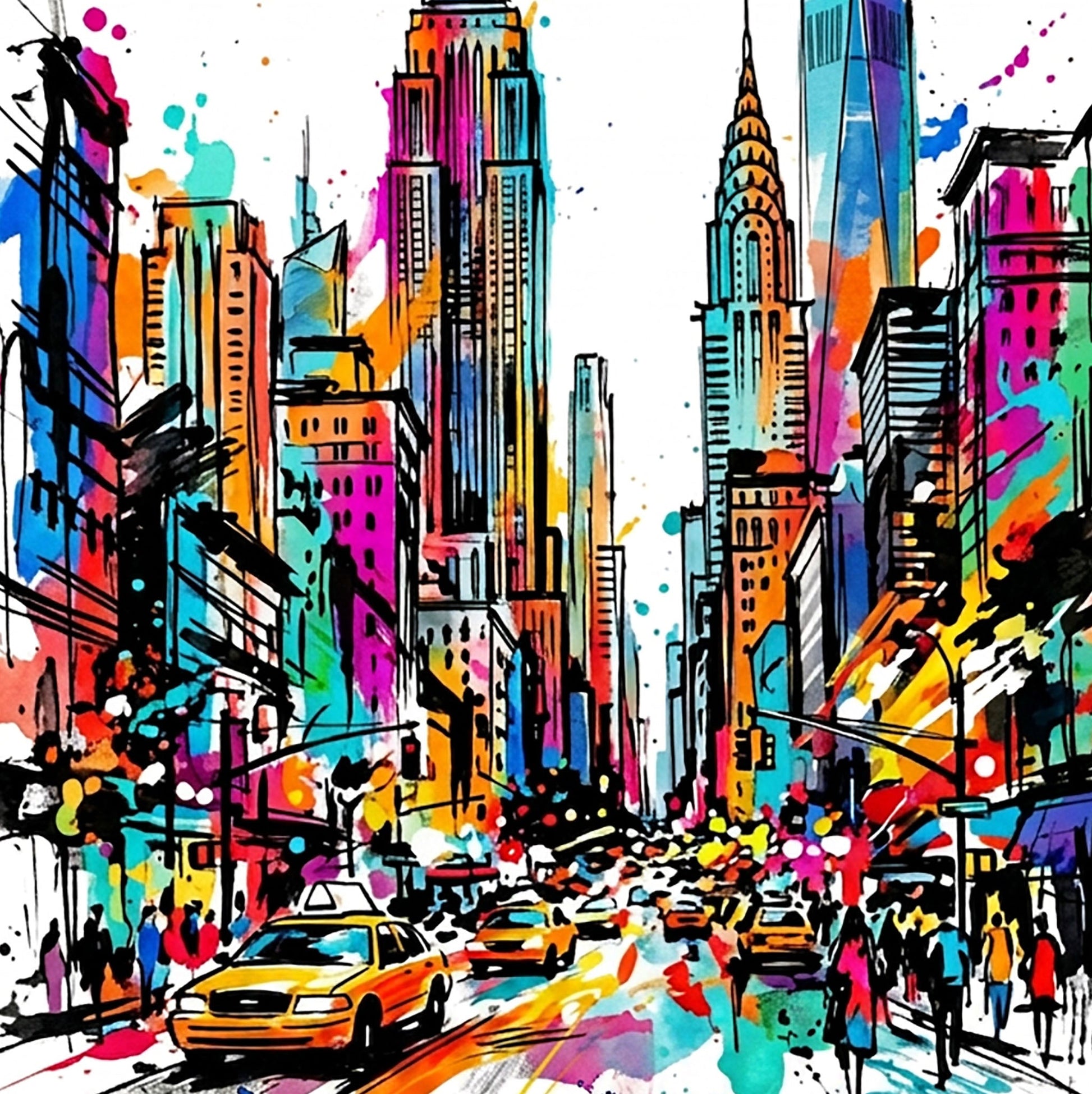 Abstract New York skyline art print with colorful taxis and paint-splatter buildings