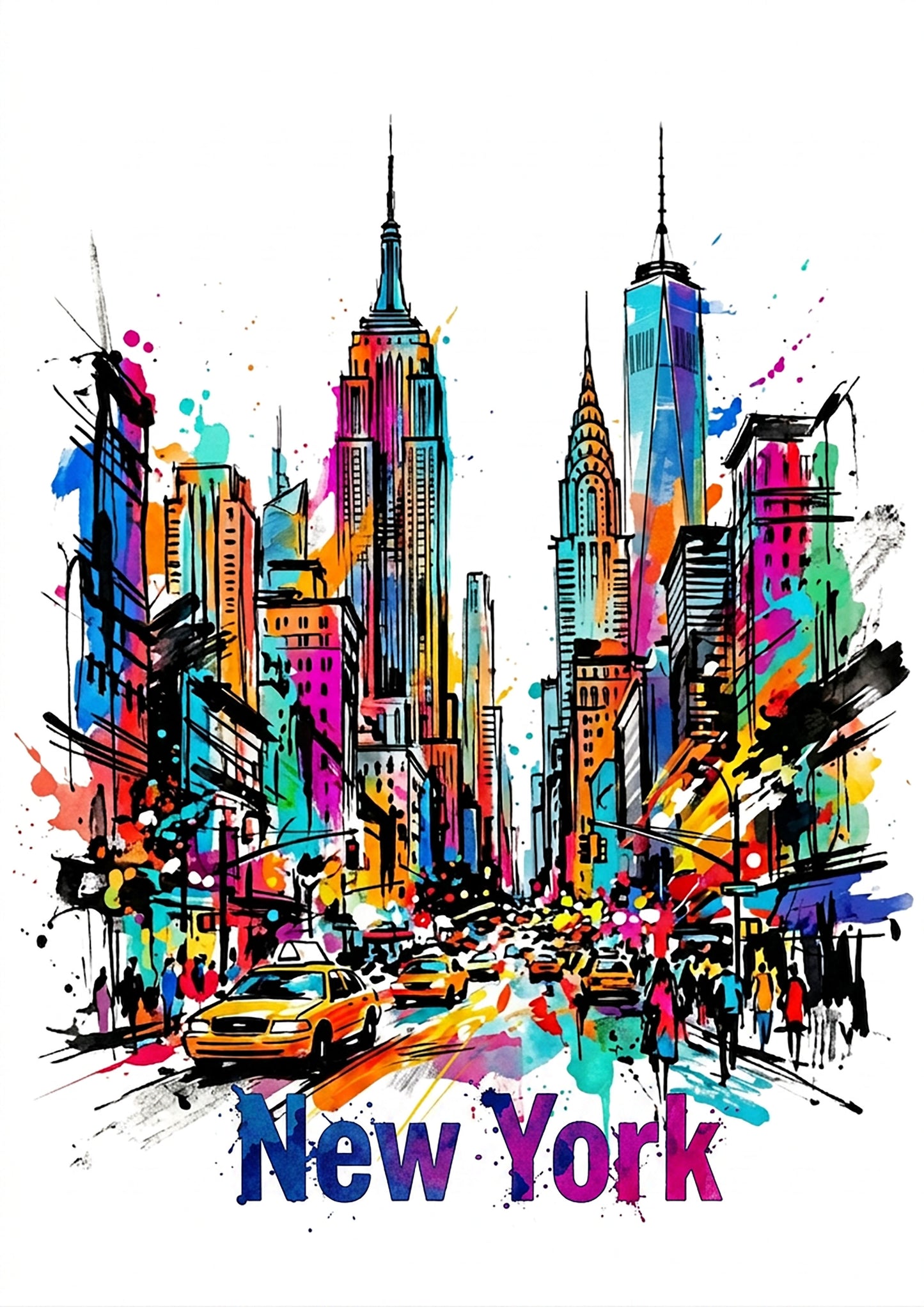 Abstract cityscape art print with colorful skyscrapers, taxis, and 'New York' text