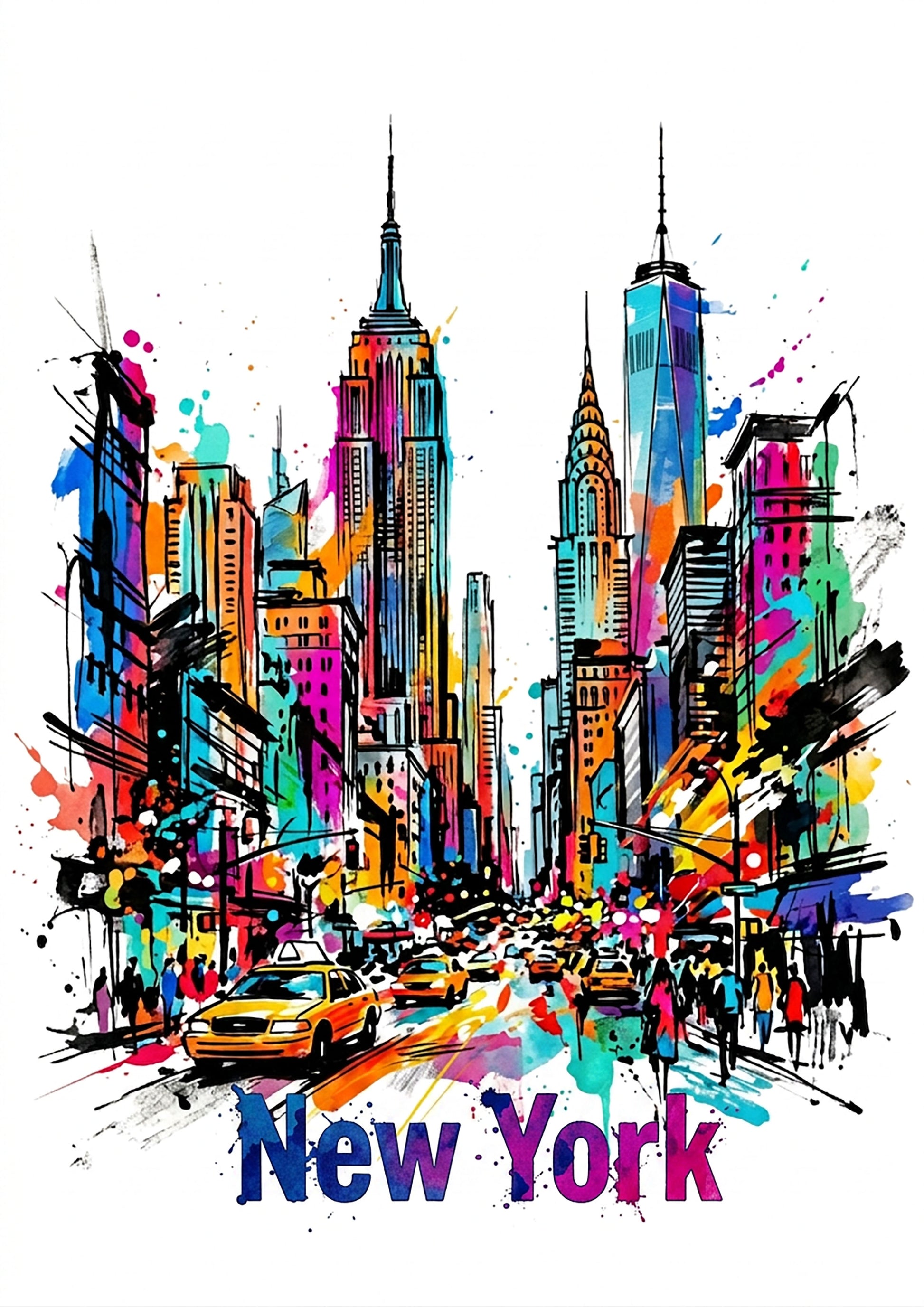 Abstract cityscape art print with colorful skyscrapers, taxis, and 'New York' text