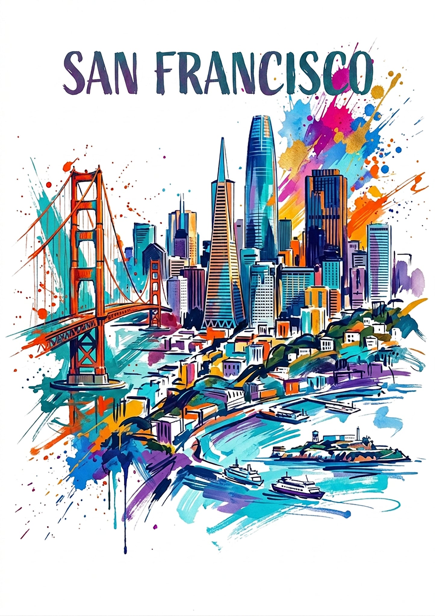 Colorful San Francisco skyline art print with Golden Gate bridge and paint splashes