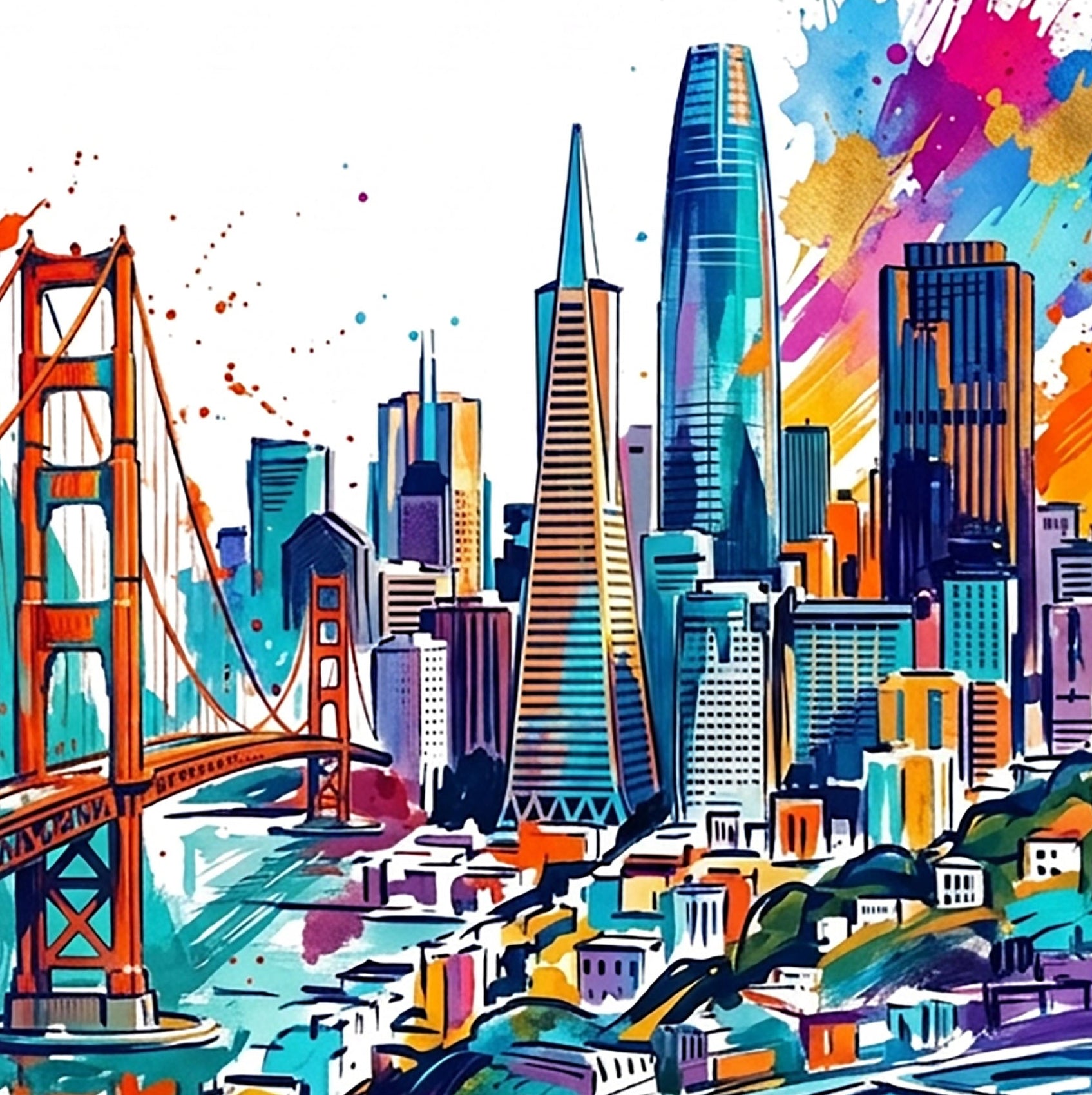 Close-up San Francisco skyline illustration with Golden Gate bridge, vivid blue and orange splashes