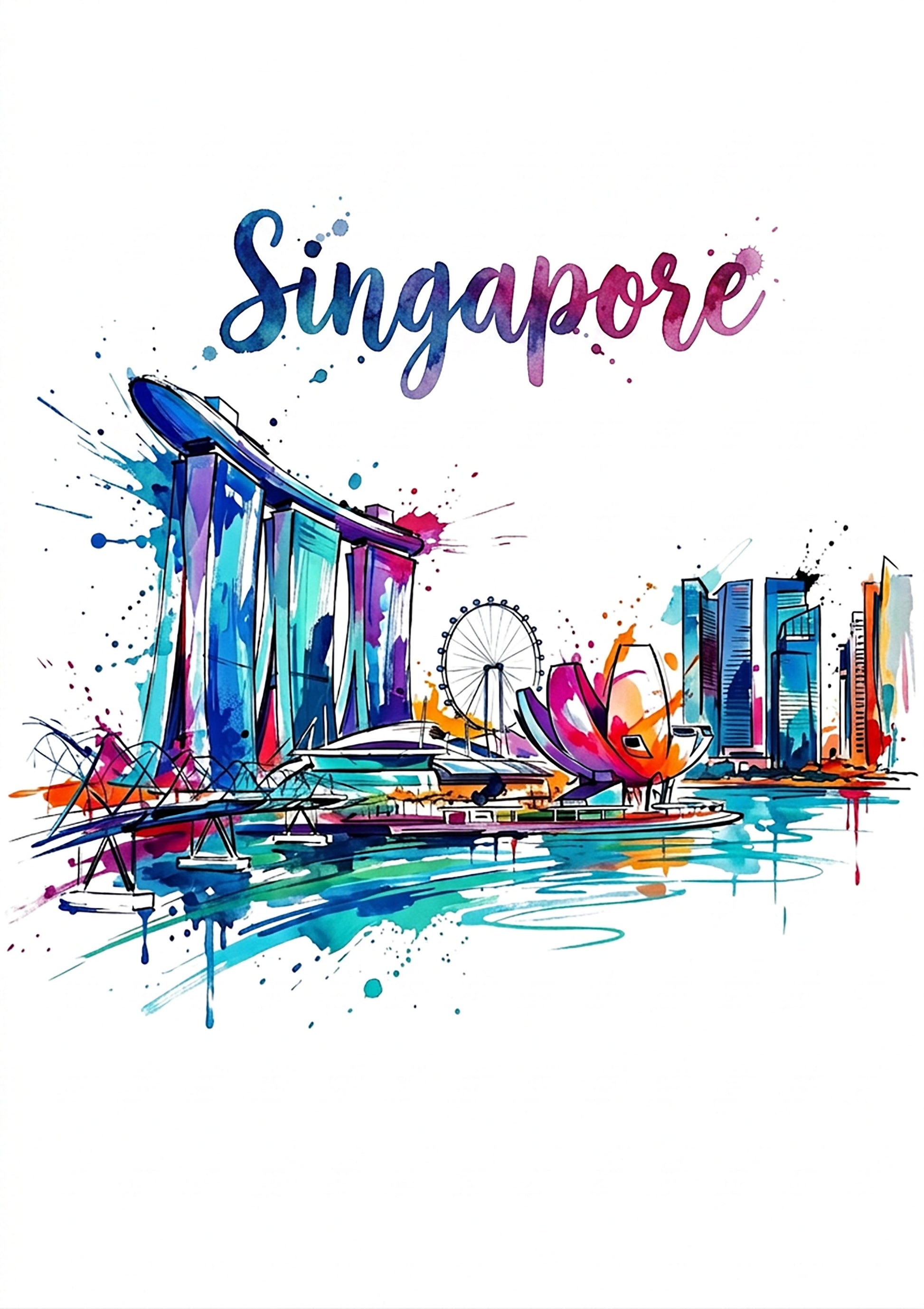 Singapore skyline art print with colorful watercolor splashes and Ferris wheel illustration