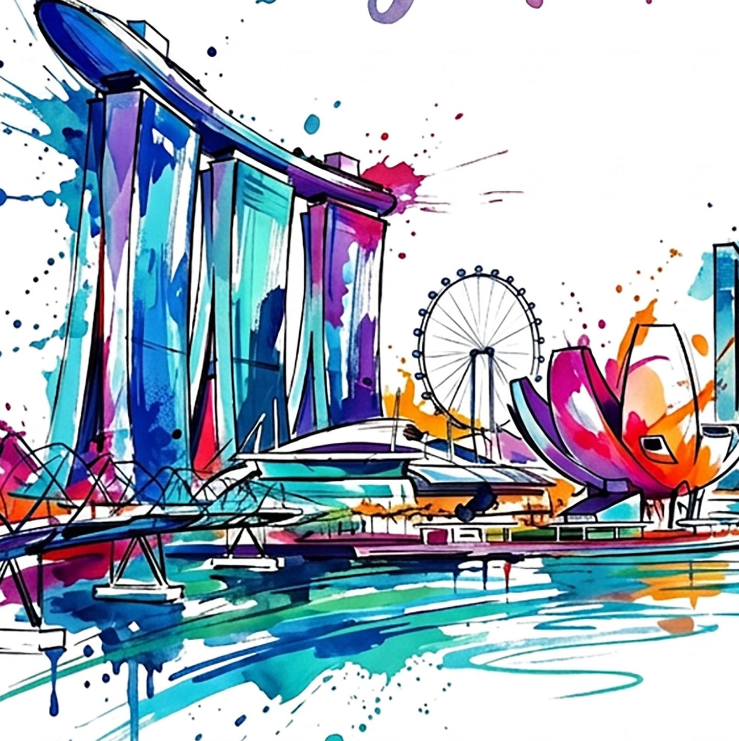 Colorful Singapore skyline illustration with ferris wheel, marina buildings, and water splashes