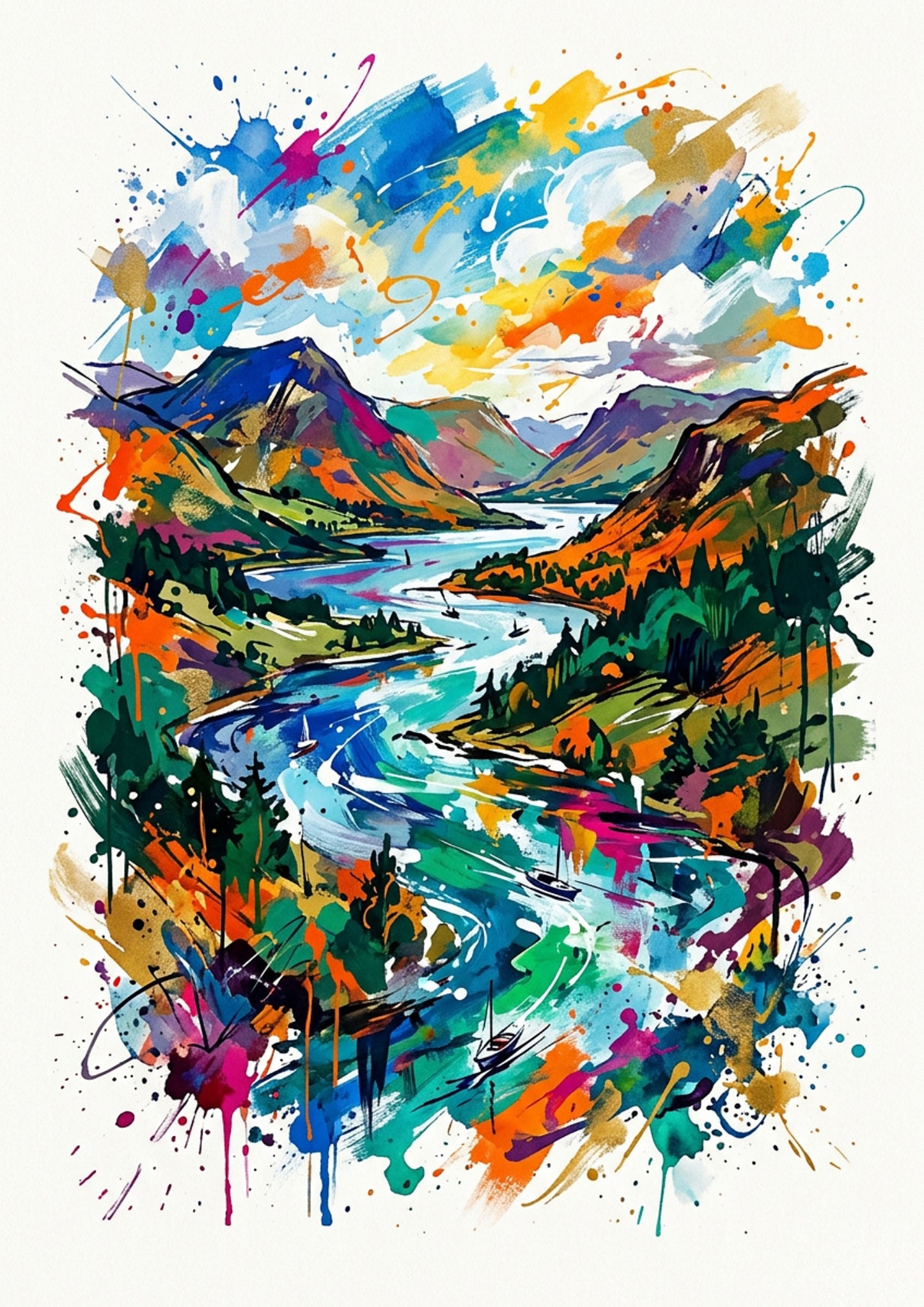 Colourful abstract Ullswater landscape painting of a mountainous area with a lake.