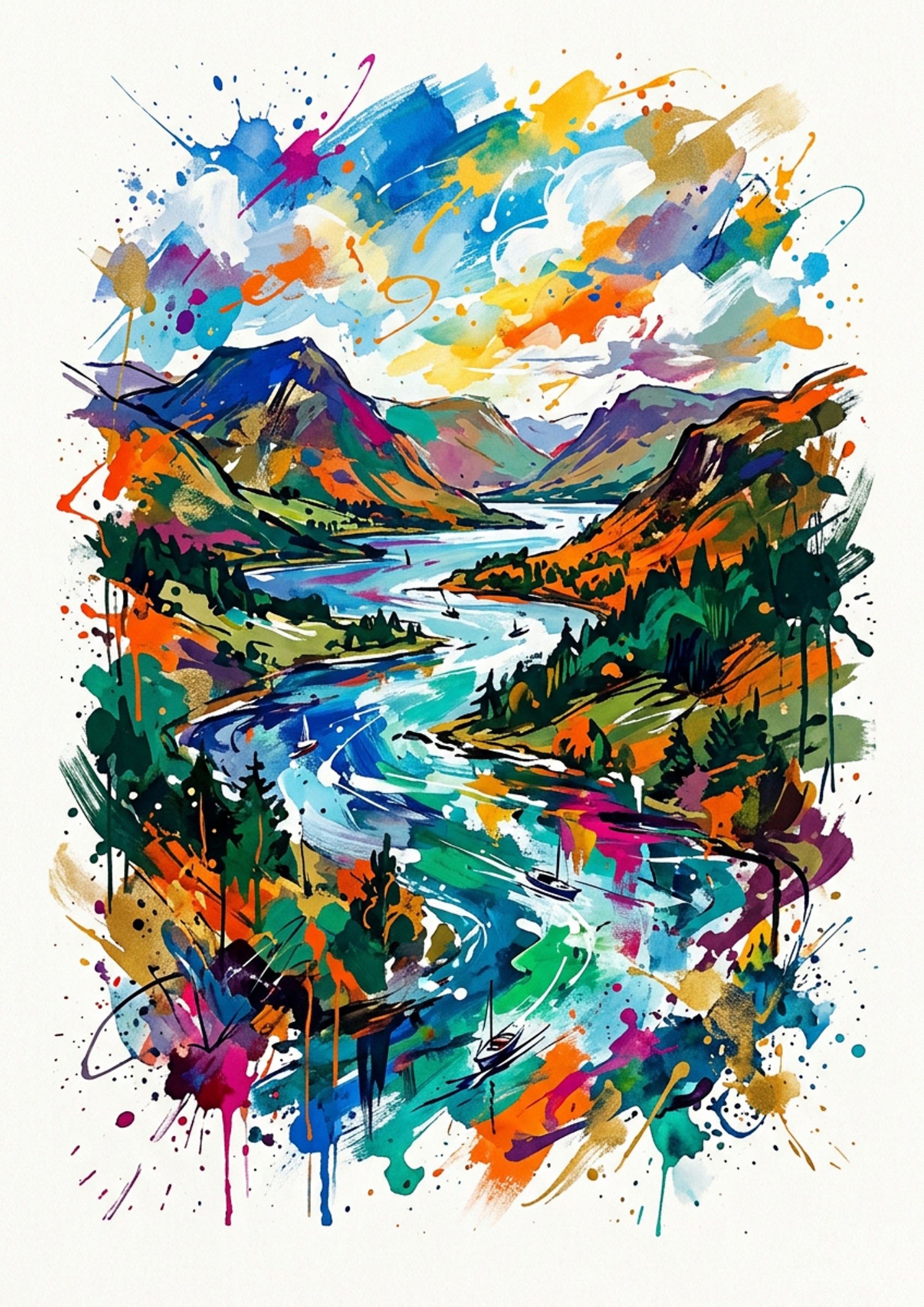 Colourful abstract Ullswater landscape painting of a mountainous area with a lake.