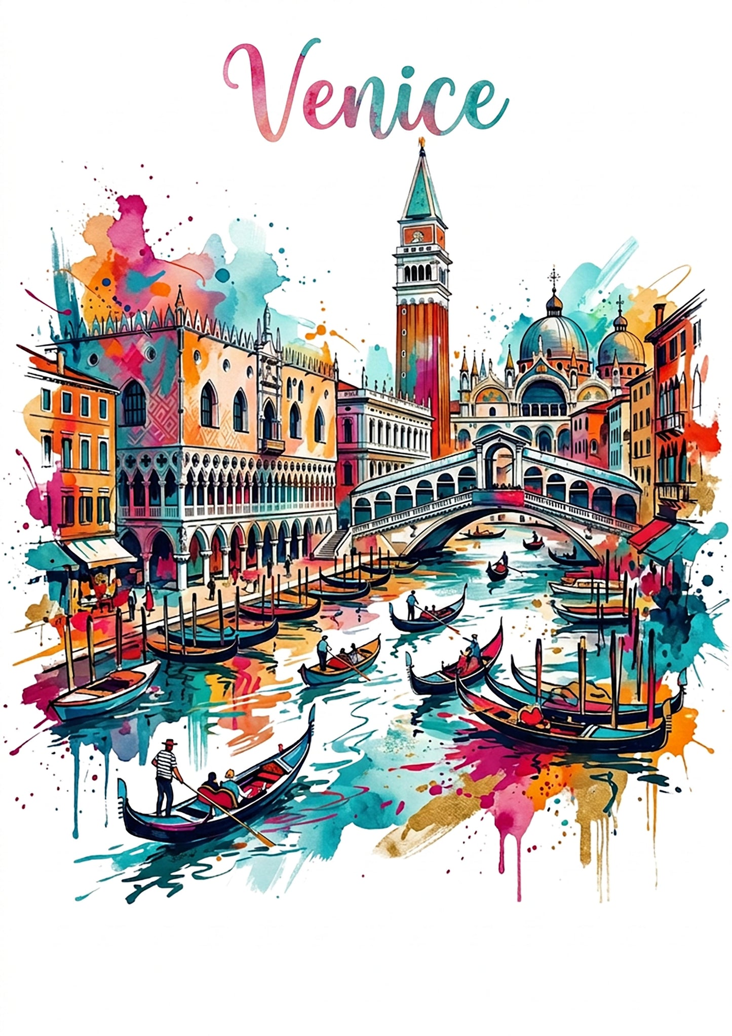 Venice canal art print with gondolas, bridge, and colorful landmark buildings in splash style