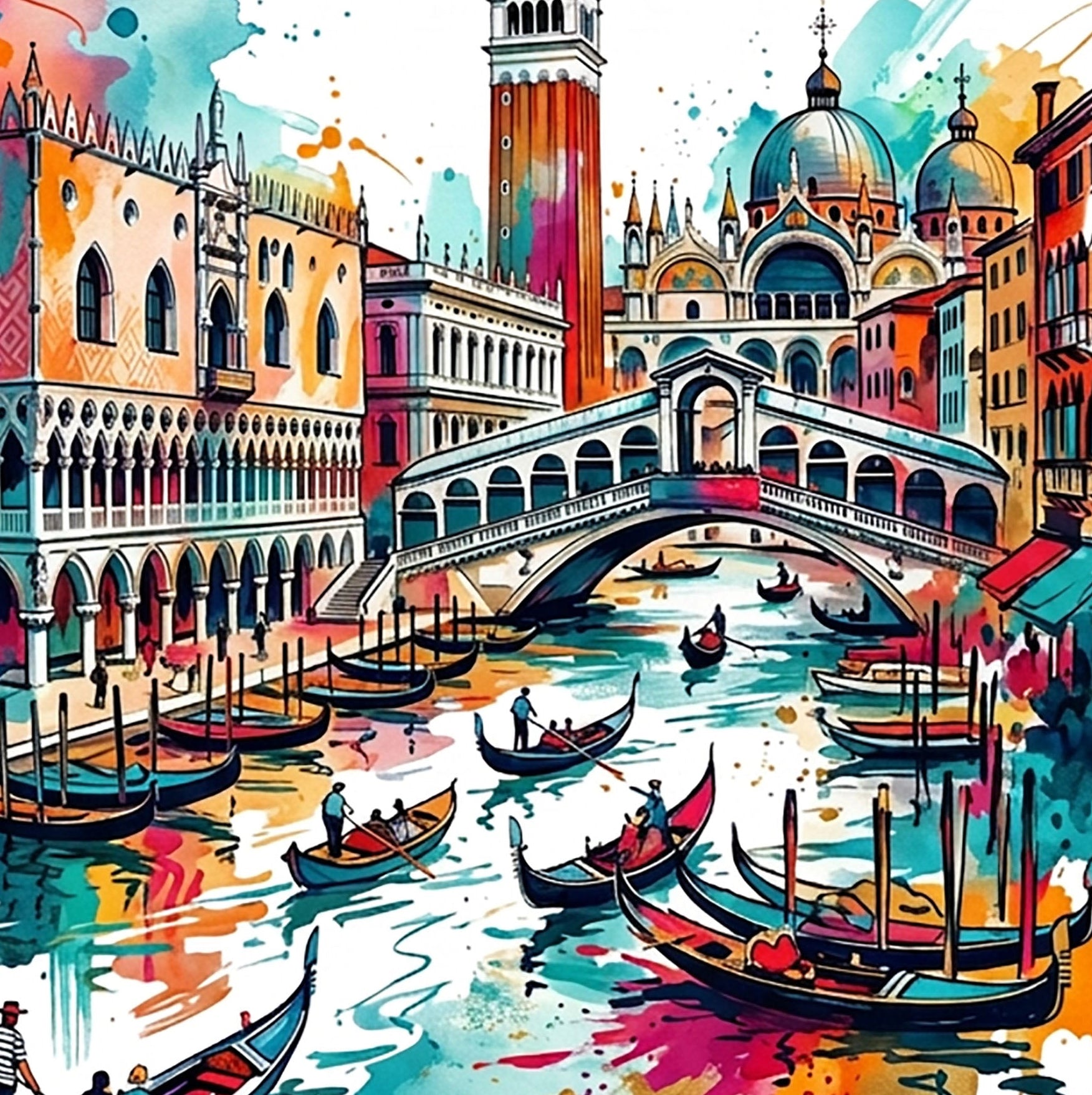Close-up Venice canal art print with gondolas, bridge arches, and vibrant splashed buildings