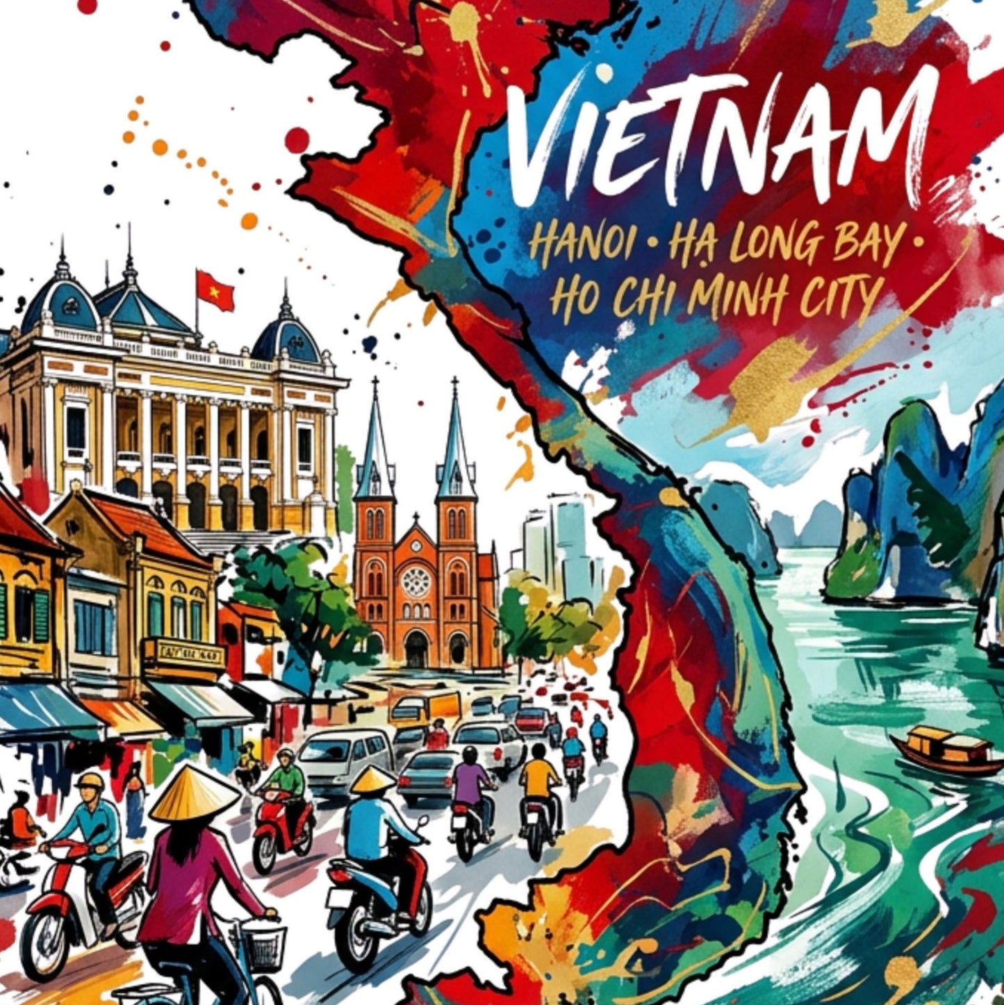 Colorful Vietnam art print with city skyline, boats, and bold map splash background.