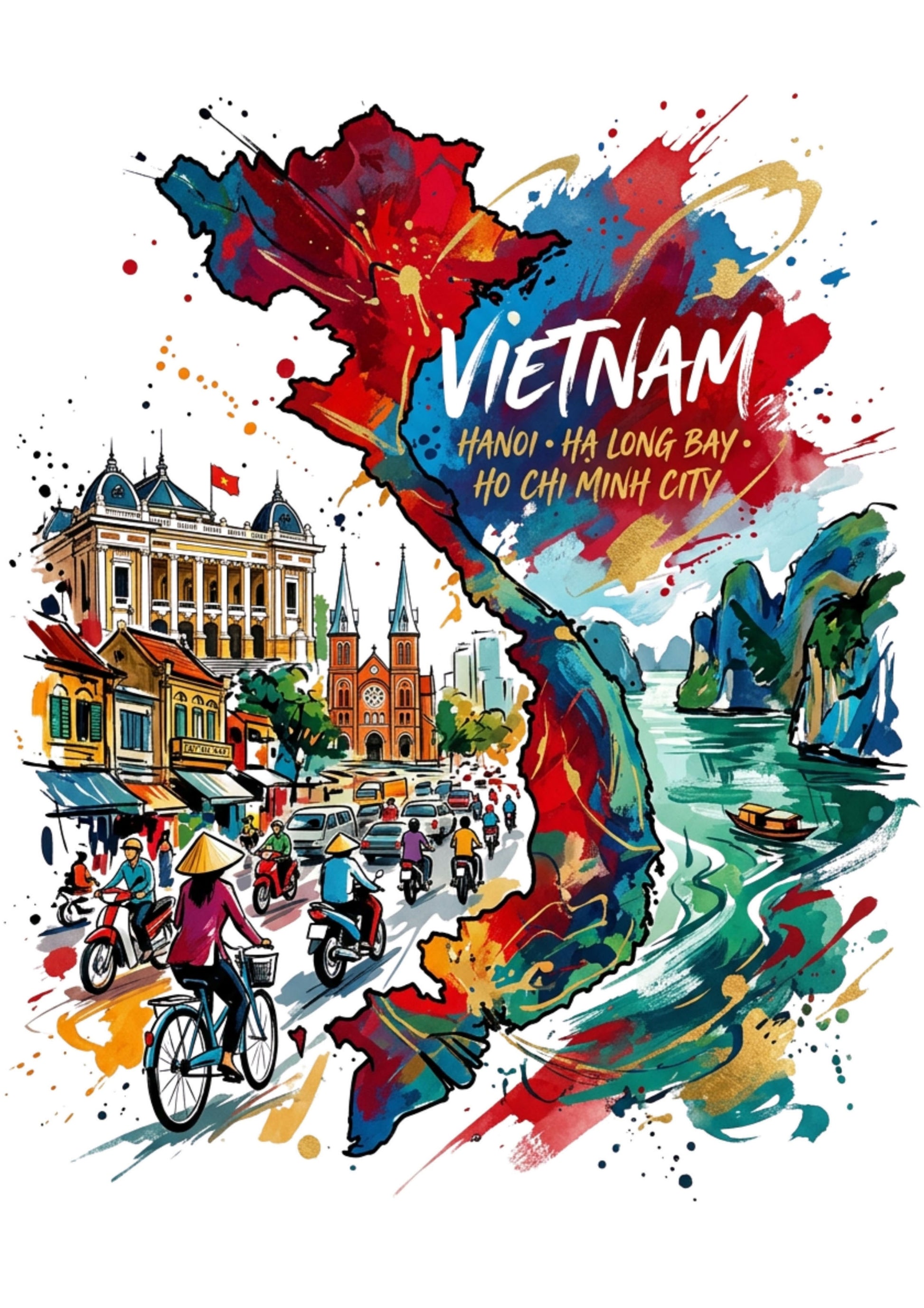 Vietnam travel art print with illustrated map, scooters, and harbor water in watercolor style.