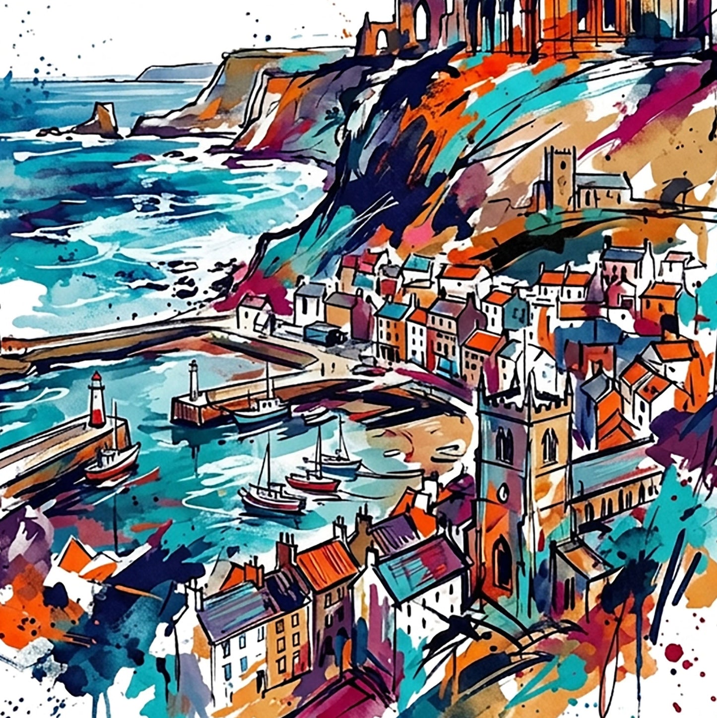 Coastal harbor illustration with boats and buildings in vivid watercolor paint strokes
