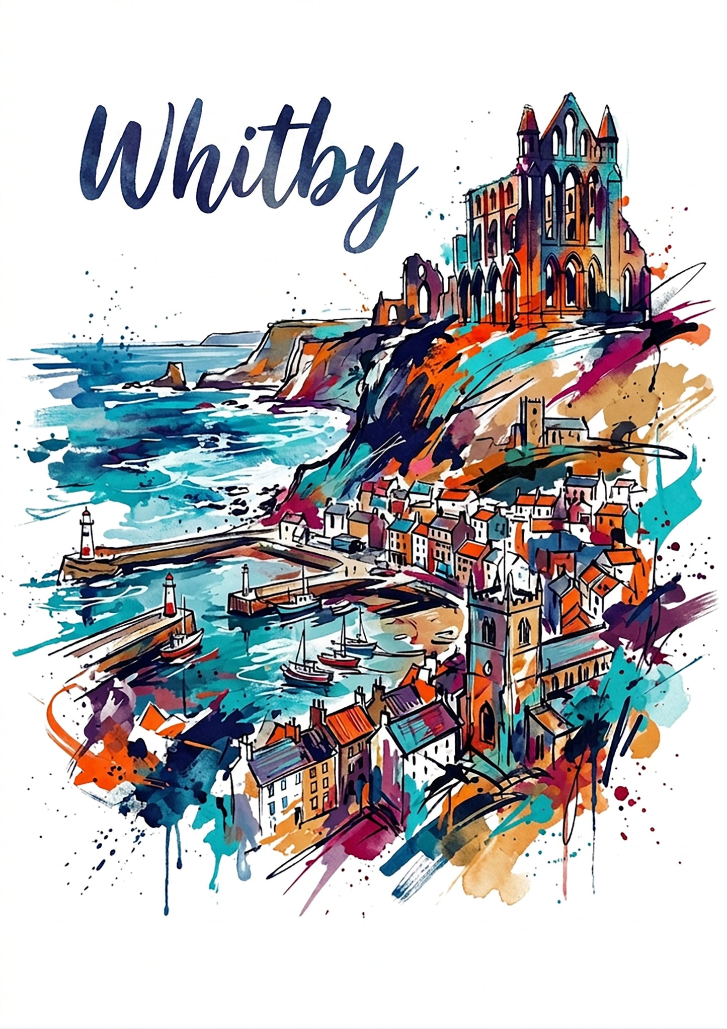 Unframed coastal town art print with boats, seaside shoreline, and Whitby lettering